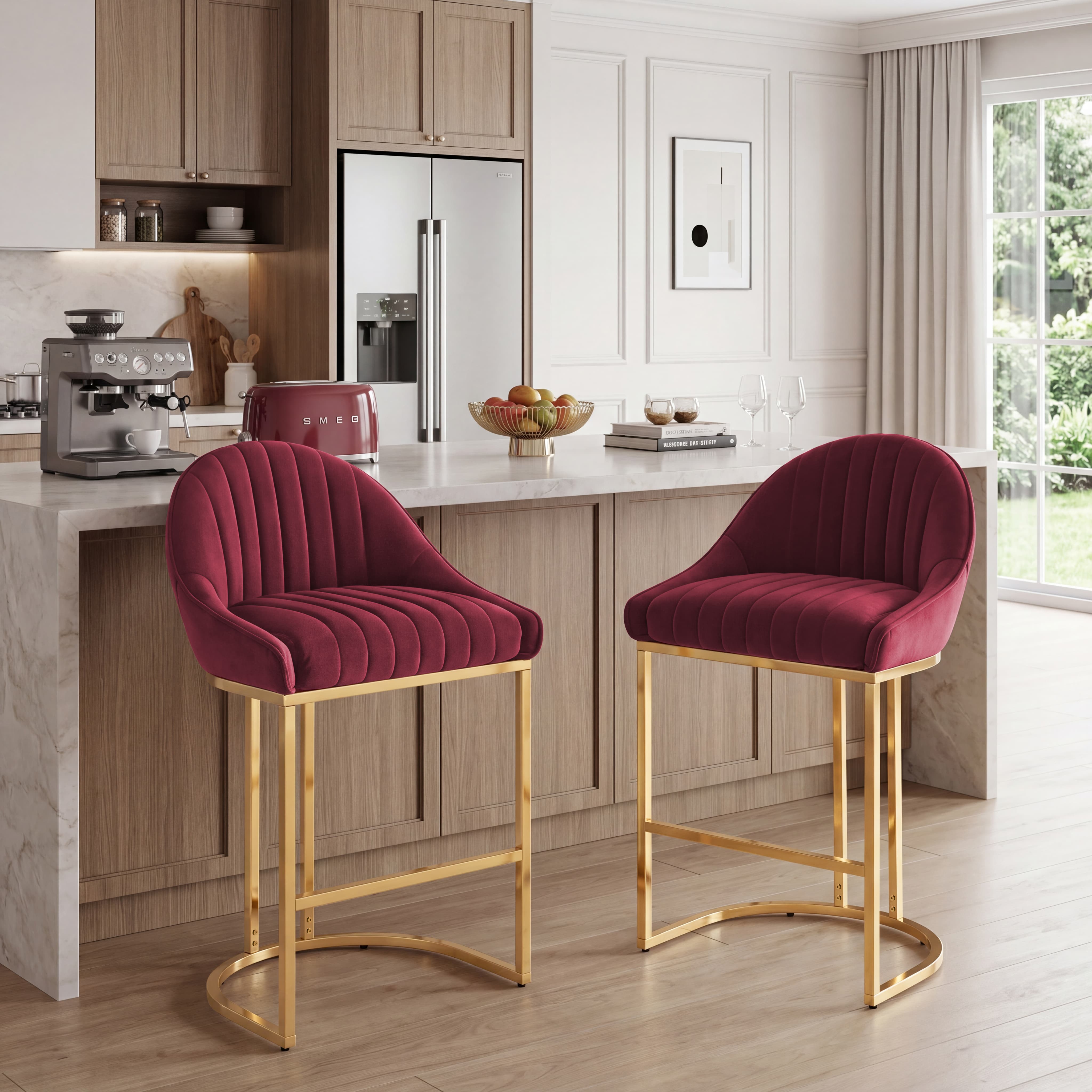 26”H Upholstered Gold Legs Stools Set of 2 - 9066CS