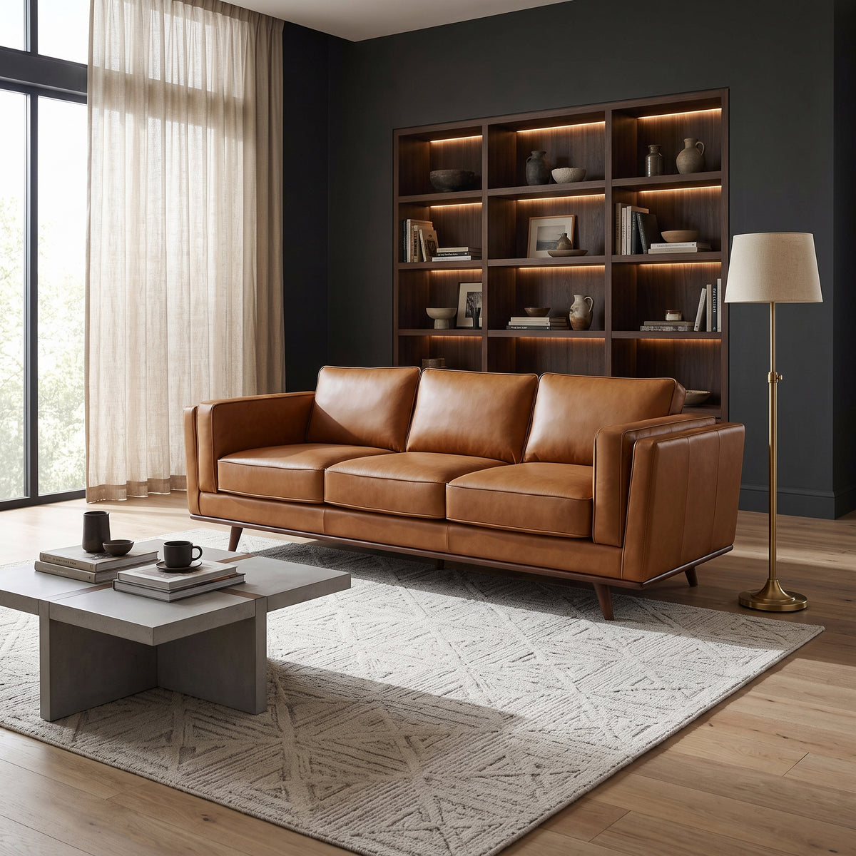 90" Brown Top Grain Genuine Leather Mid Century Modern 3-Seater Sofa