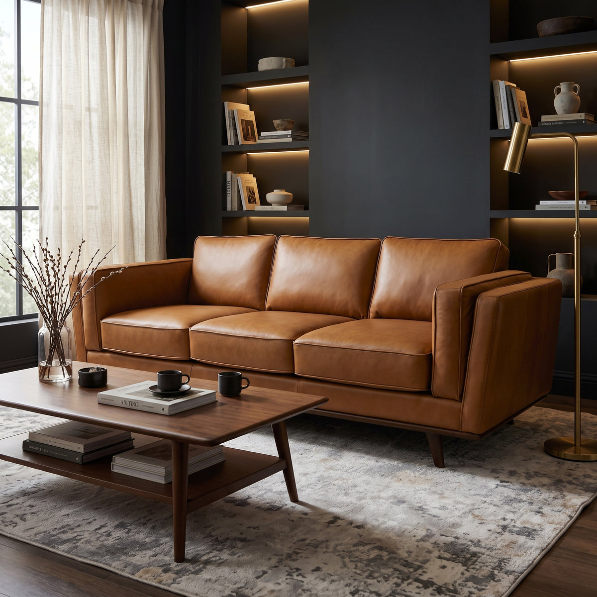 90" Brown Top Grain Genuine Leather Mid Century Modern 3-Seater Sofa