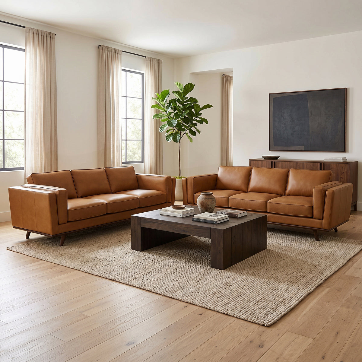 90" Brown Top Grain Genuine Leather Mid Century Modern 3-Seater Sofa