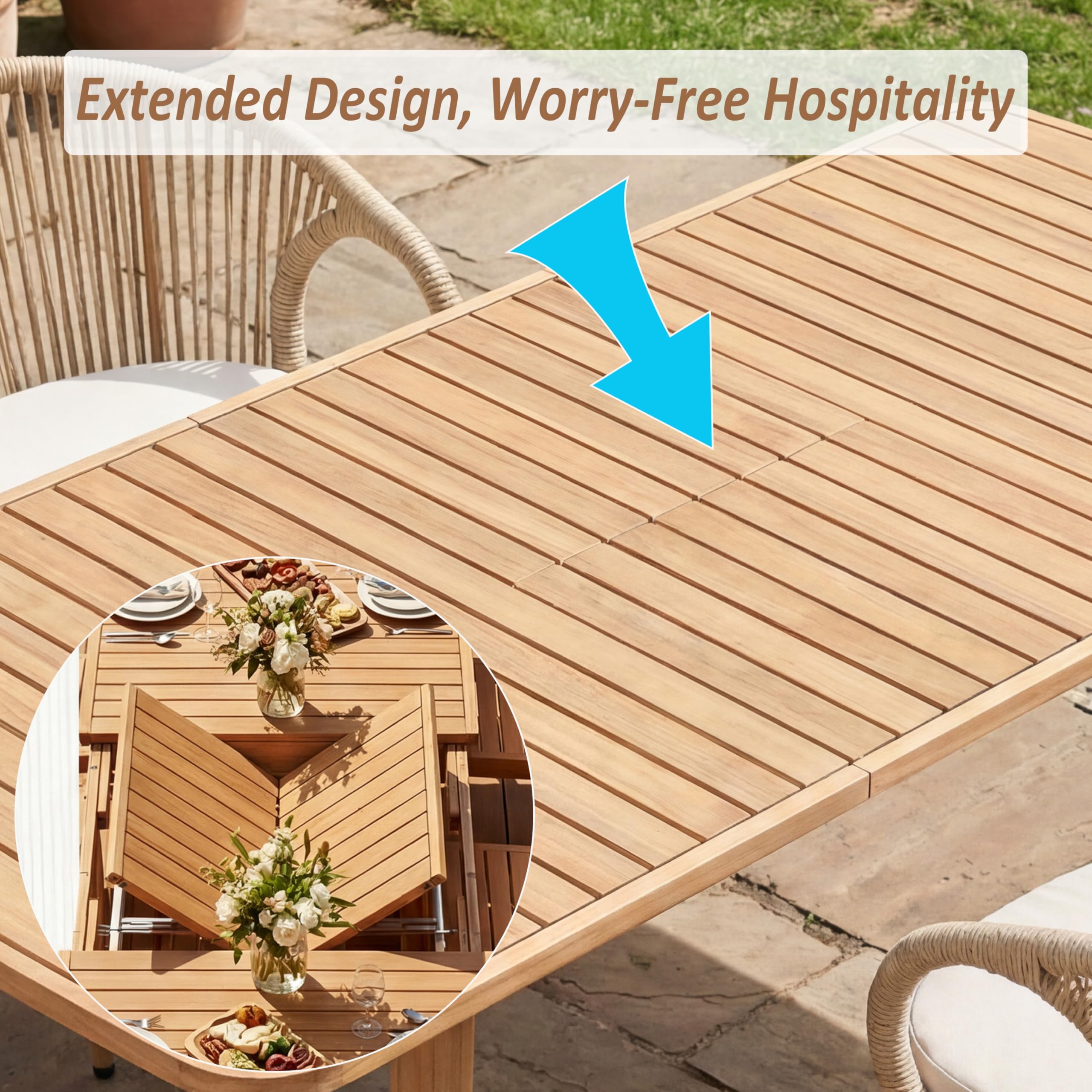 Extendable Solid Wood Farmhouse Outdoor Patio Dining Table for 6 to 8