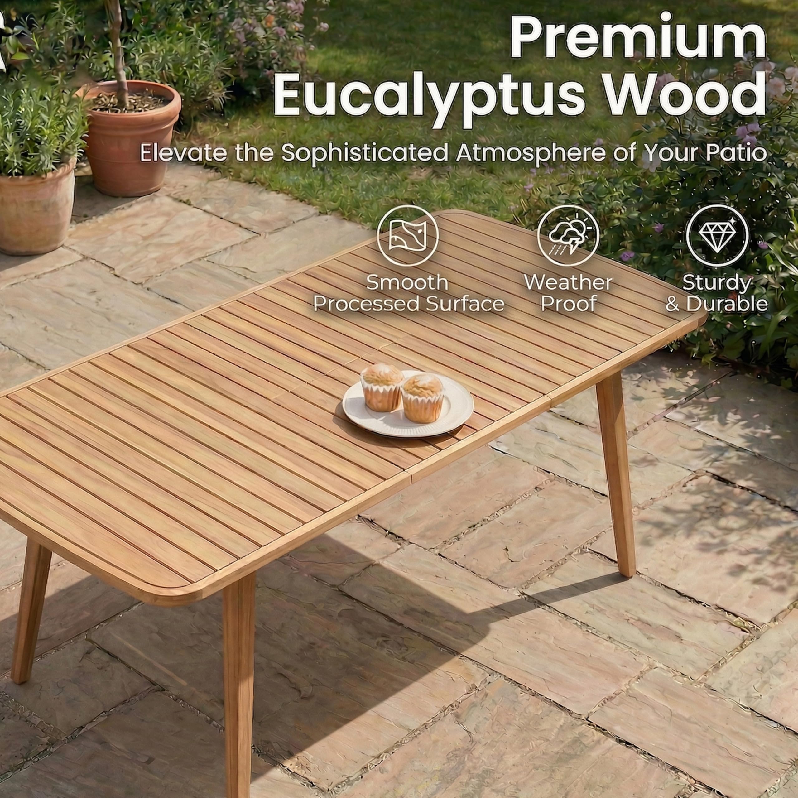 Extendable Solid Wood Farmhouse Outdoor Patio Dining Table for 6 to 8