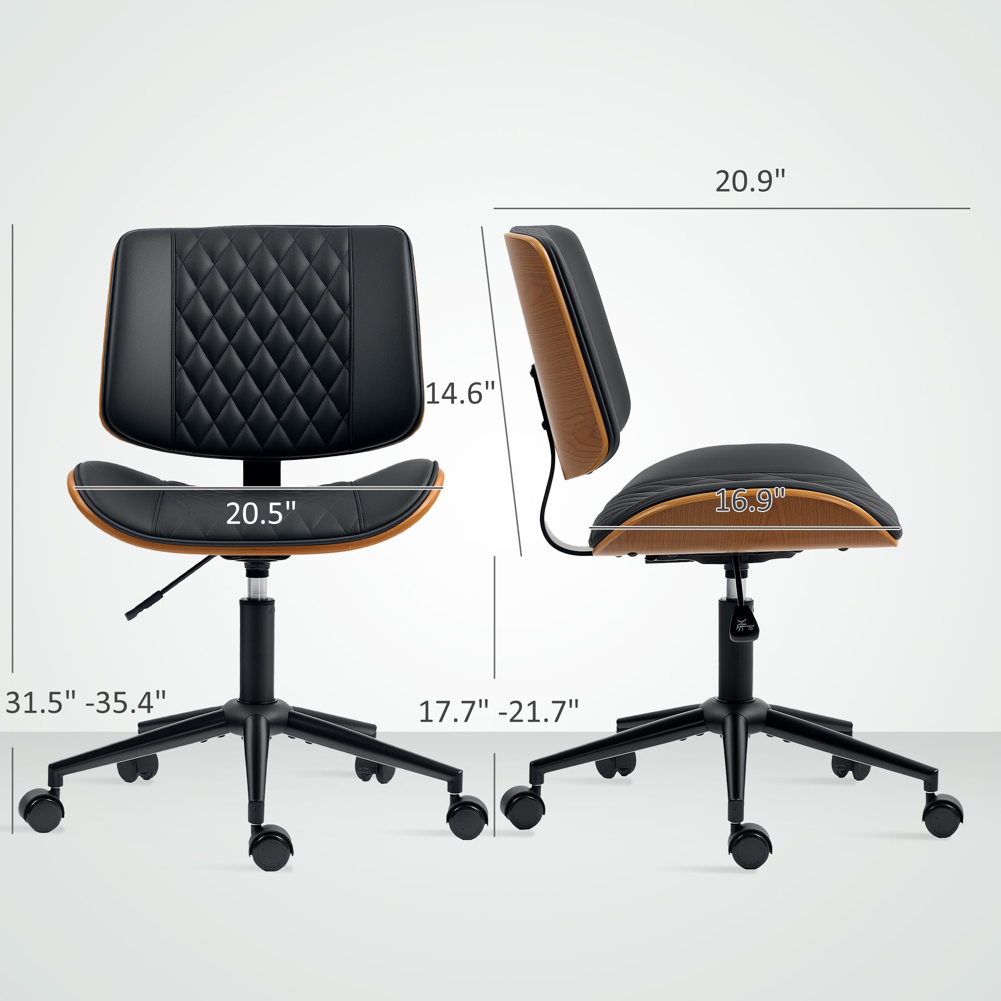 Armless Bentwood Desk Chair with PU Leather & Swivel Wheels