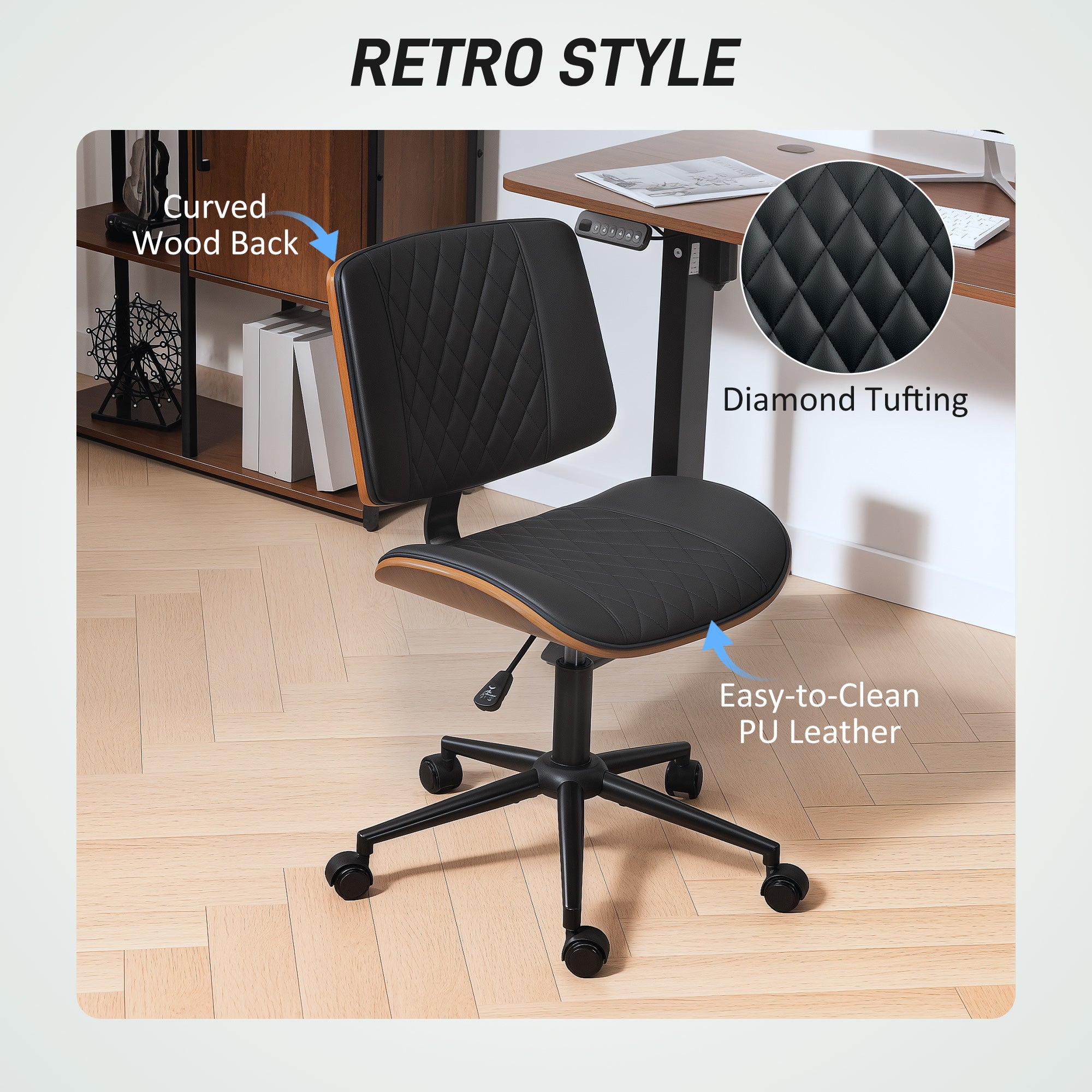 Armless Bentwood Desk Chair with PU Leather & Swivel Wheels