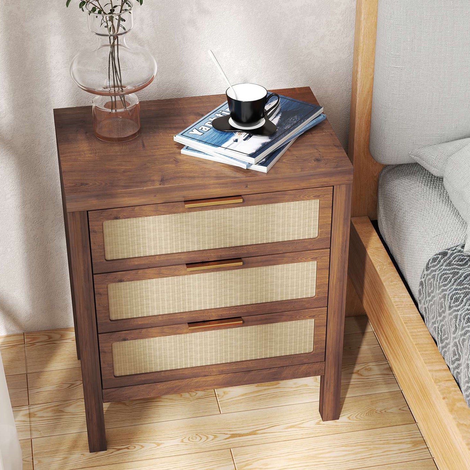 Modern Rattan Accent Nightstand 3 Drawer Wood Bedside Table End Chest