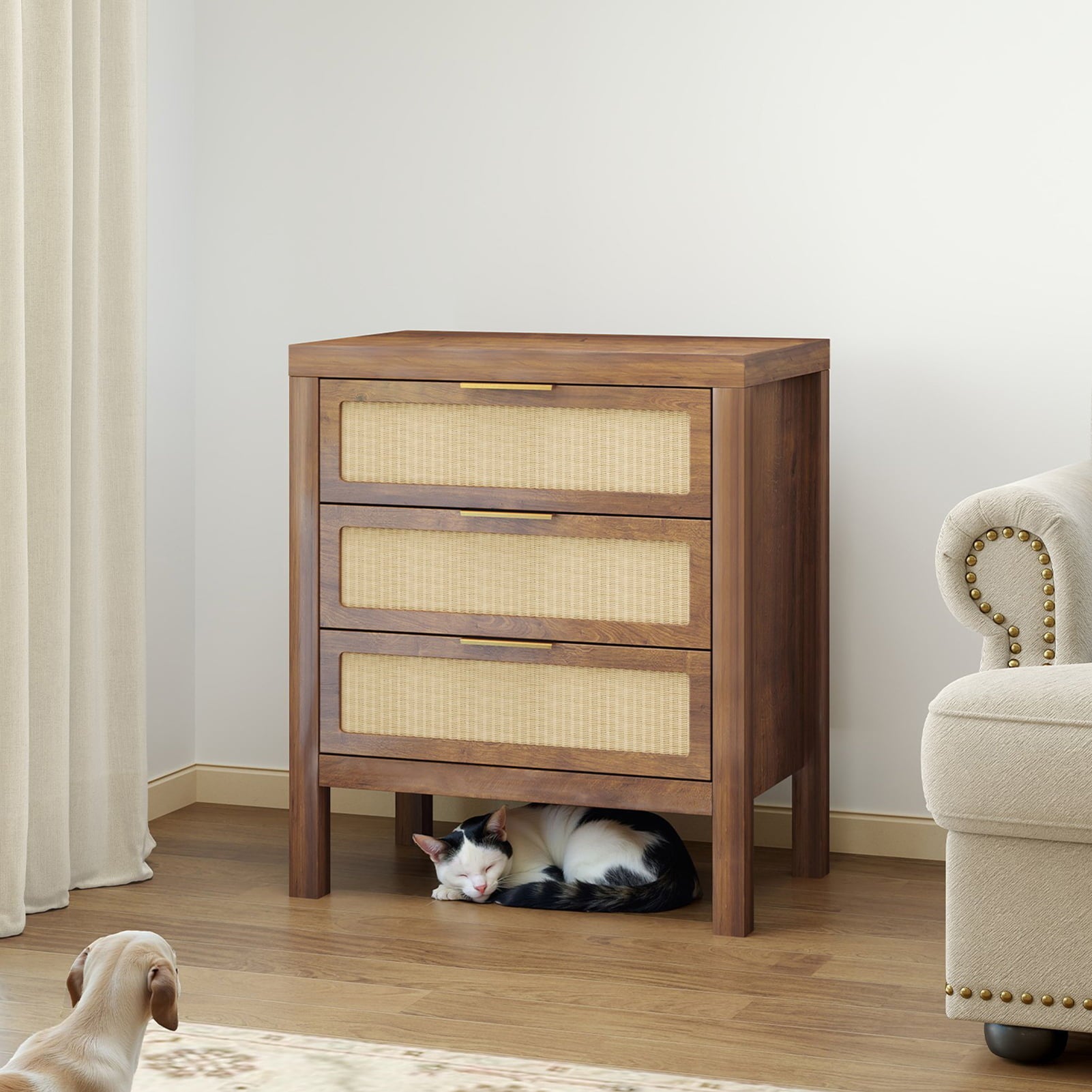 Modern Rattan Accent Nightstand 3 Drawer Wood Bedside Table End Chest