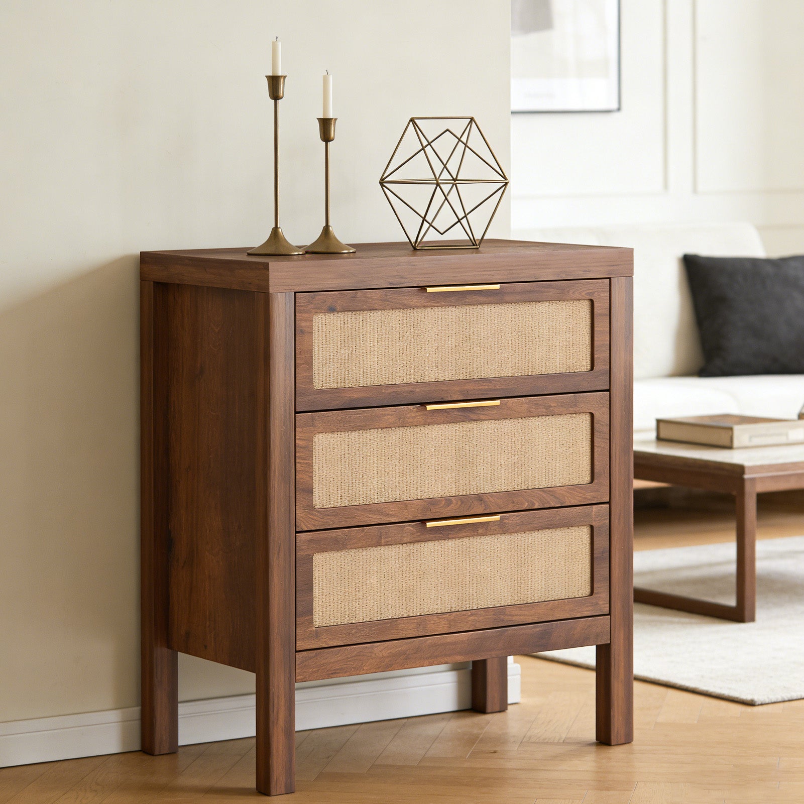 Modern Rattan Accent Nightstand 3 Drawer Wood Bedside Table End Chest