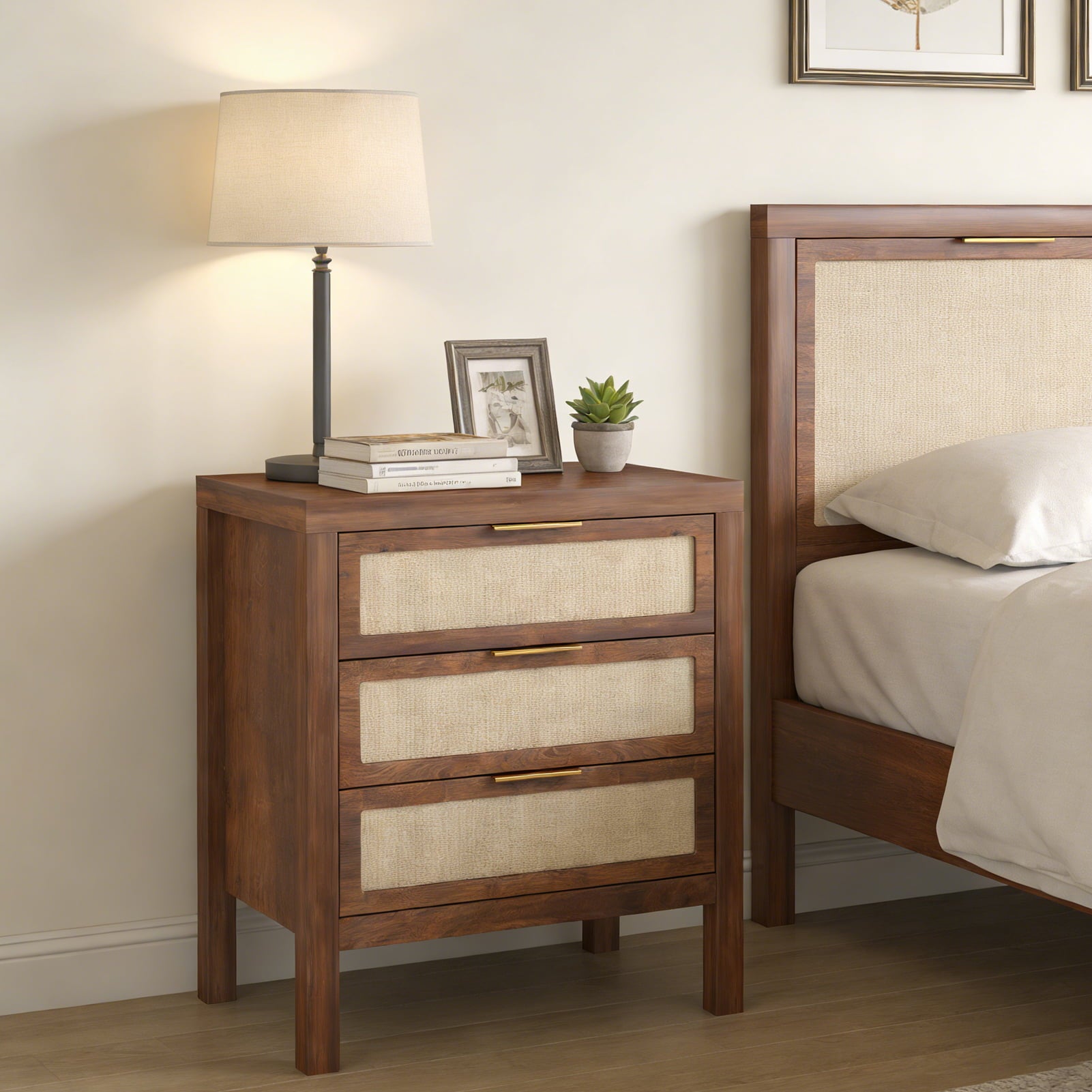 Modern Rattan Accent Nightstand 3 Drawer Wood Bedside Table End Chest