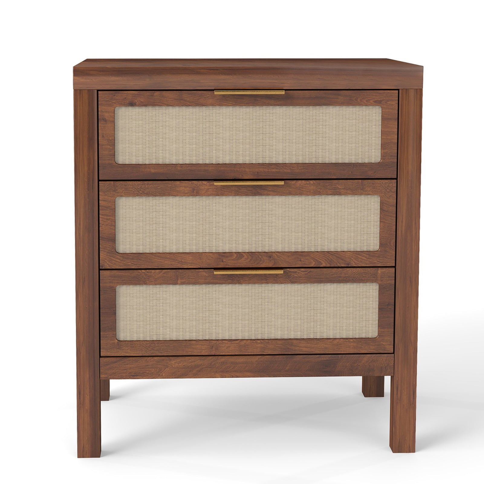Modern Rattan Accent Nightstand 3 Drawer Wood Bedside Table End Chest