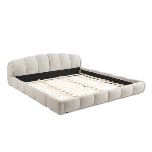 Beige Chenille Upholstered Low Profile Platform Bed Frame