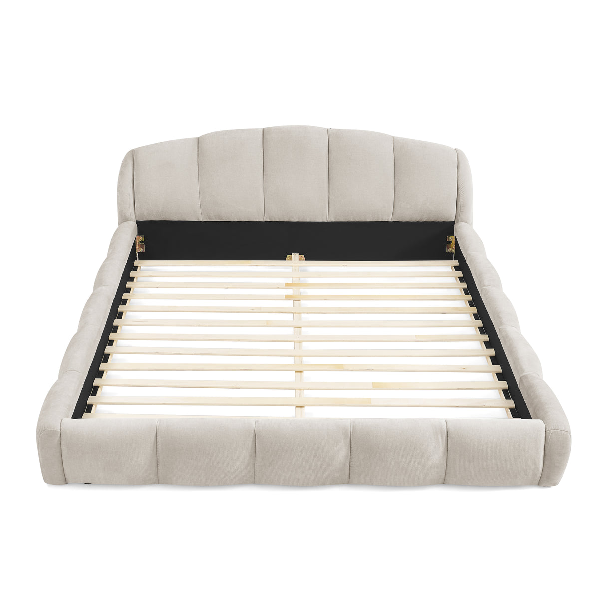 Beige Chenille Upholstered Low Profile Platform Bed Frame