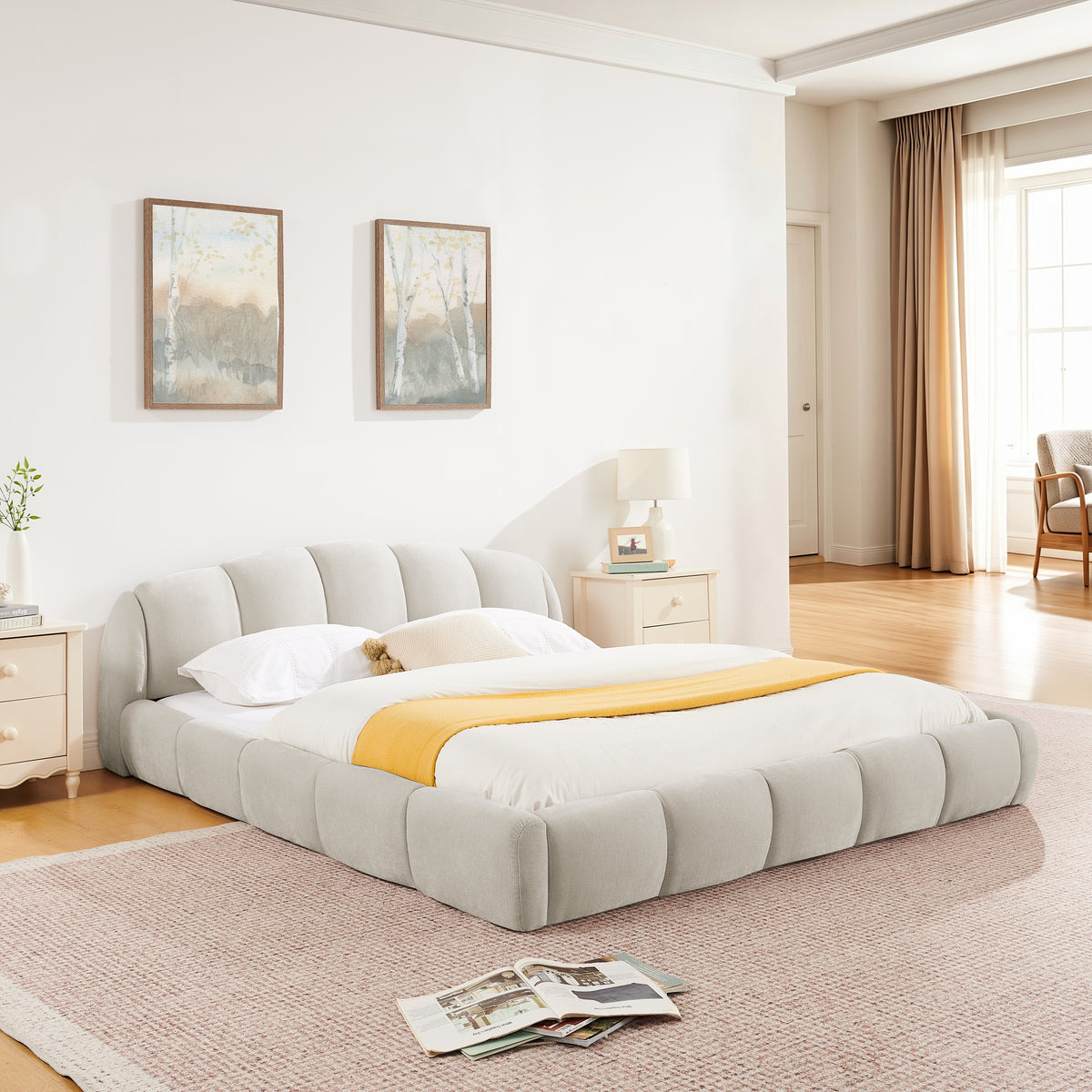 Beige Chenille Upholstered Low Profile Platform Bed Frame