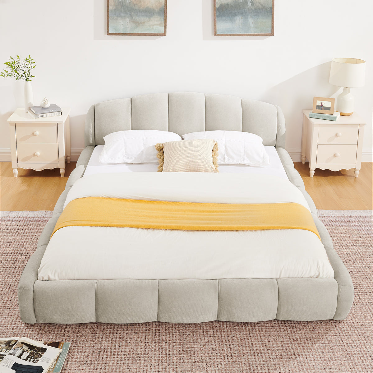 Beige Chenille Upholstered Low Profile Platform Bed Frame
