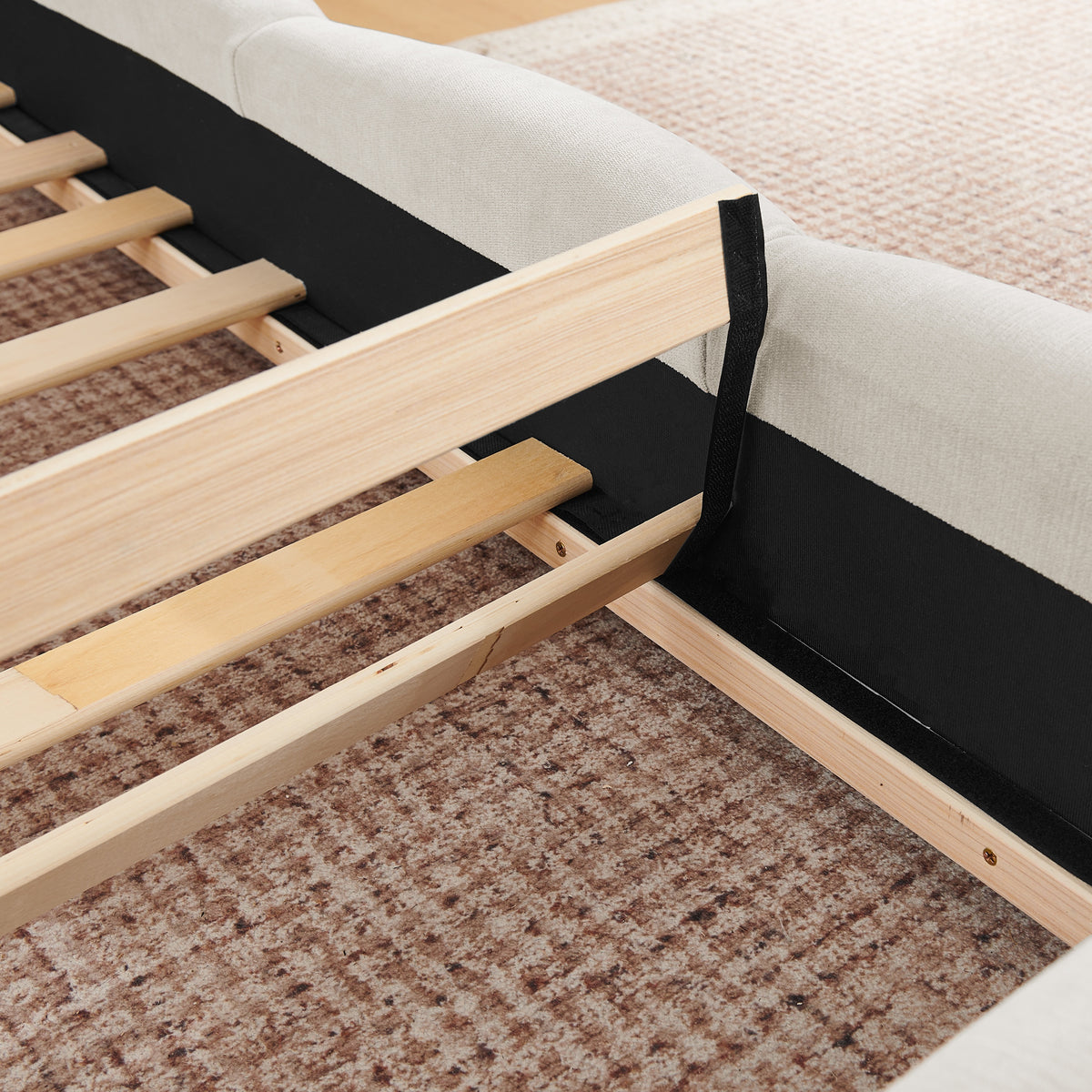 Beige Chenille Upholstered Low Profile Platform Bed Frame