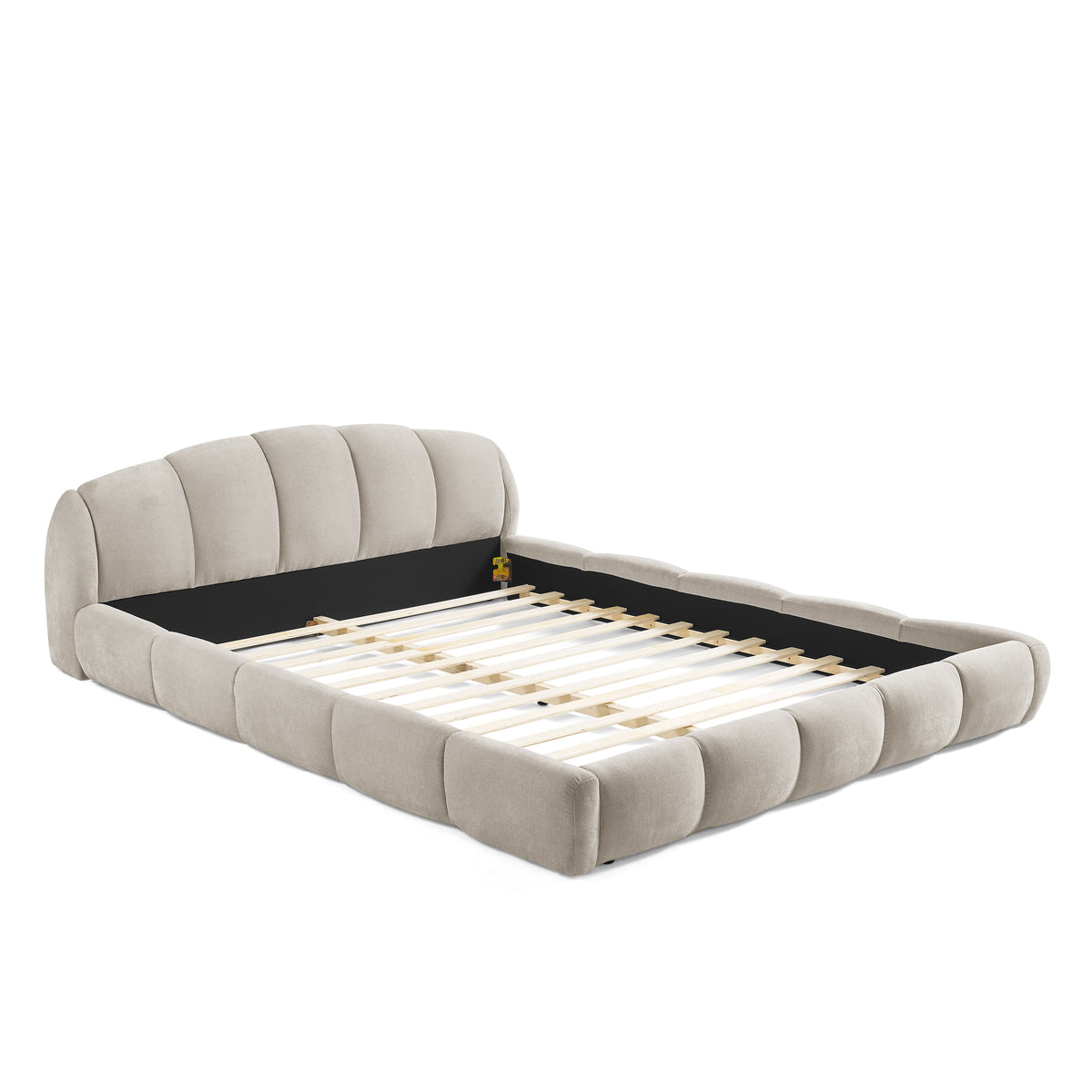 Beige Chenille Upholstered Low Profile Platform Bed Frame