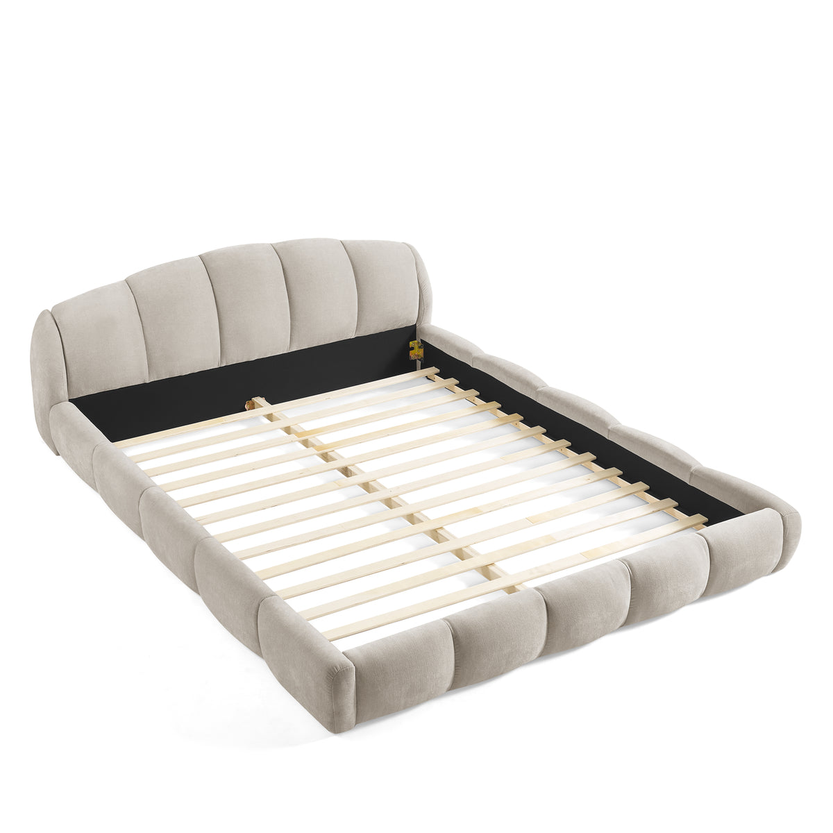 Beige Chenille Upholstered Low Profile Platform Bed Frame