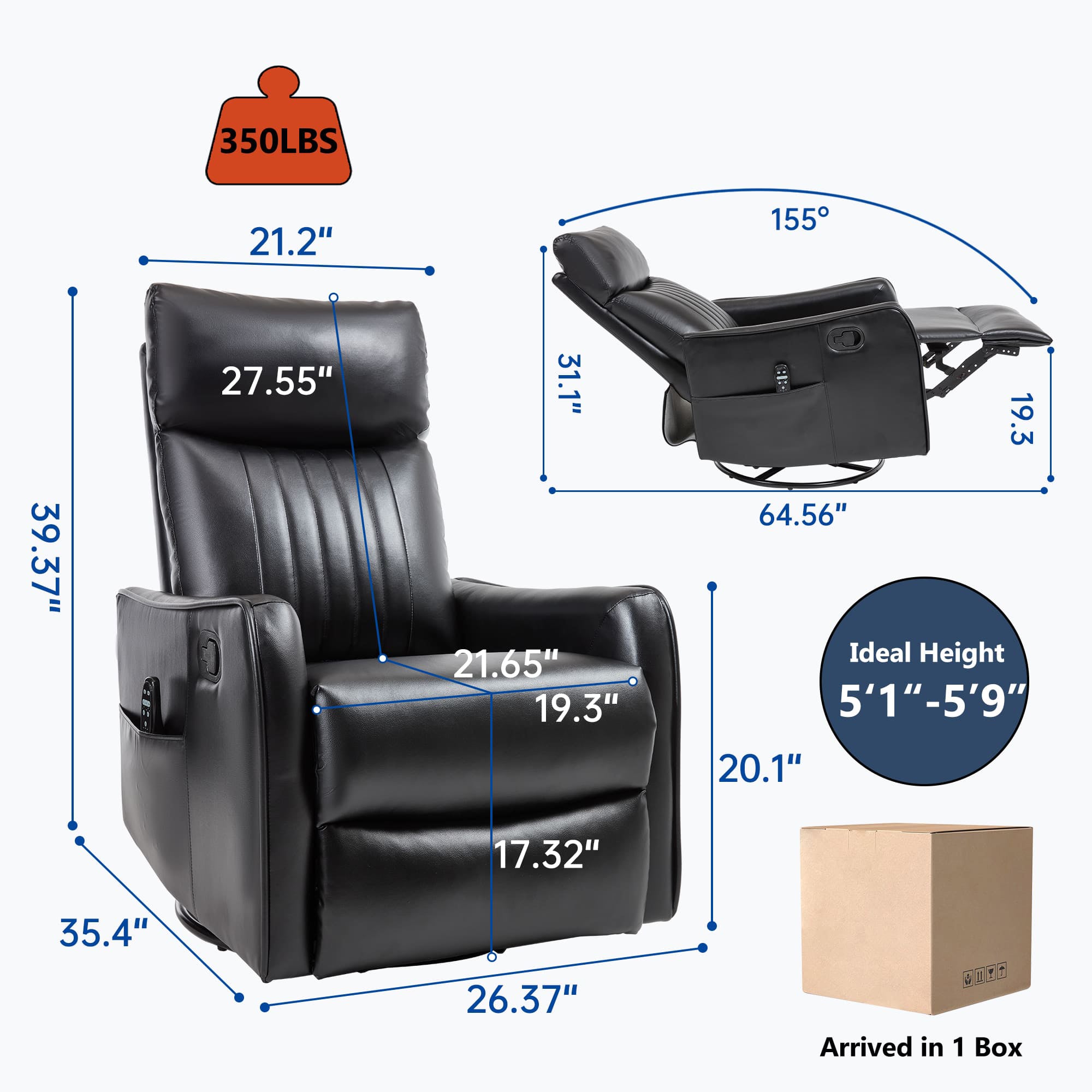 Black Faux Leather Manual Swivel Rocker Massage Heat Recliner Chair