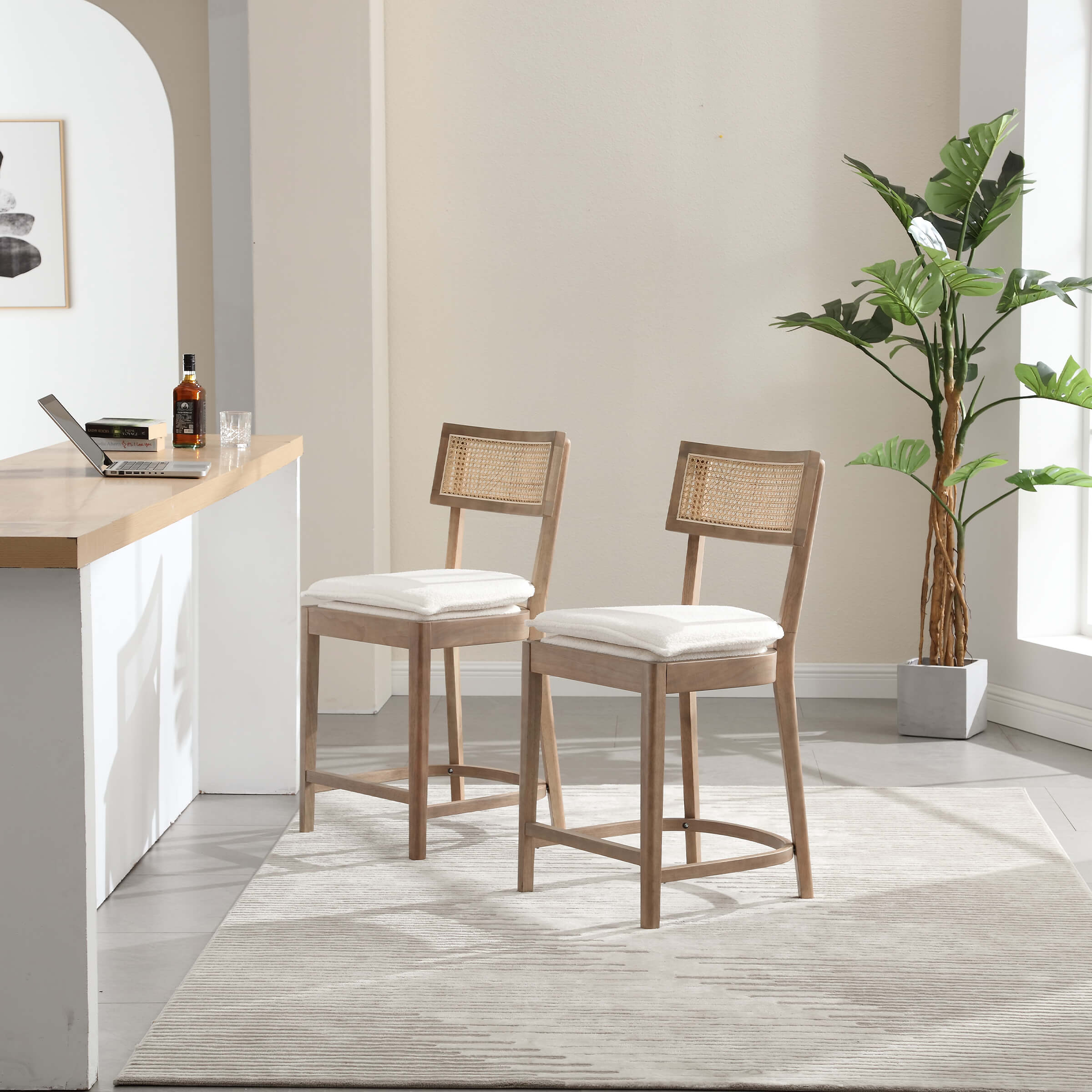 CIMOTA 26” Black Wood Rattan Counter Stools Set of 2 - 5674