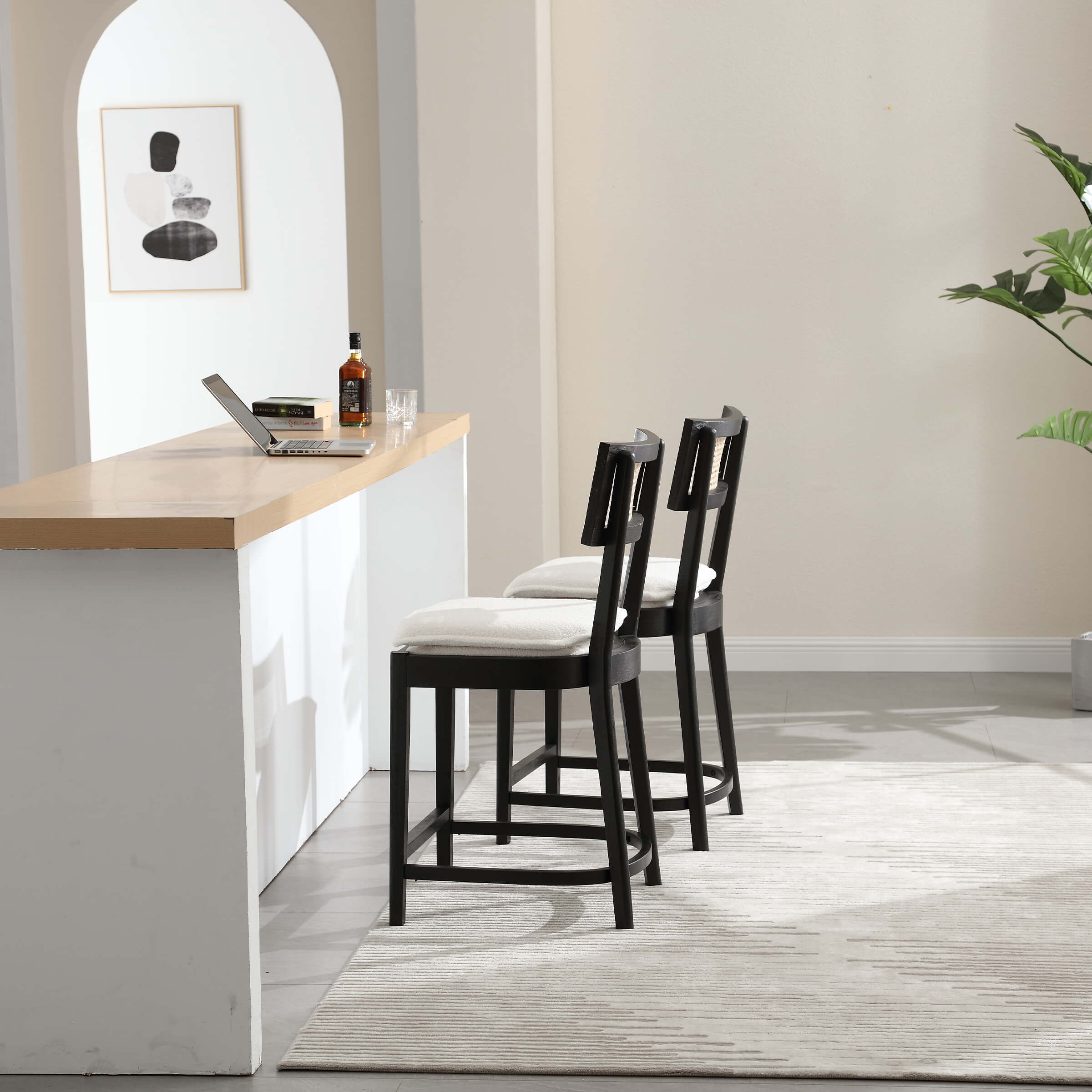 CIMOTA 26” Black Wood Rattan Counter Stools Set of 2 - 5674