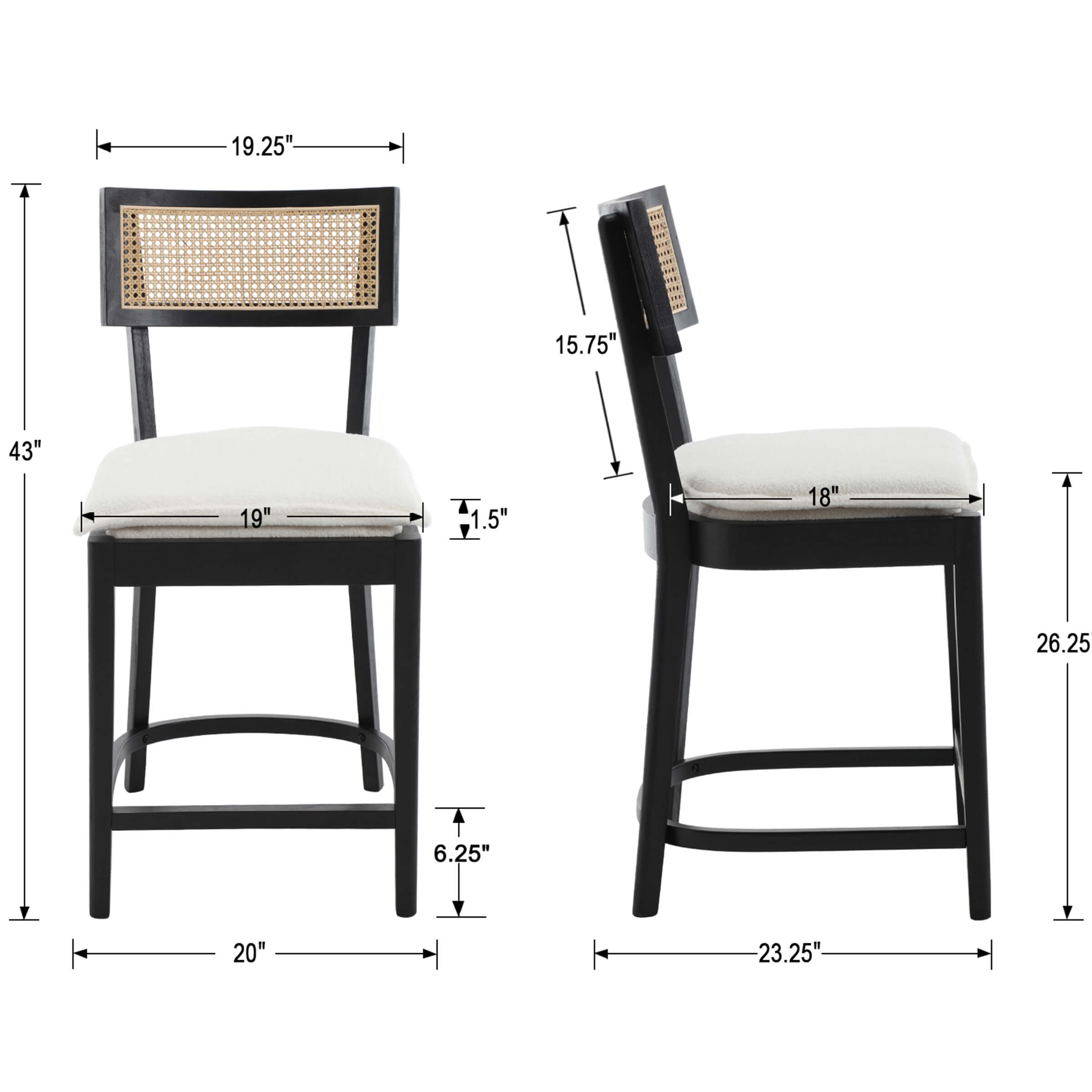 CIMOTA 26” Black Wood Rattan Counter Stools Set of 2 - 5674