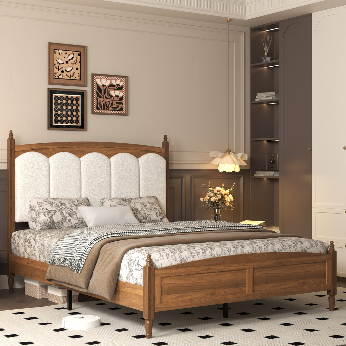Brown Platform Bed Frame with Upholstered Headboard