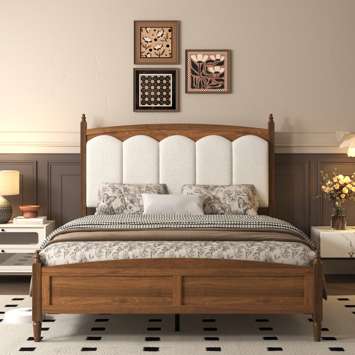 Brown Platform Bed Frame with Upholstered Headboard