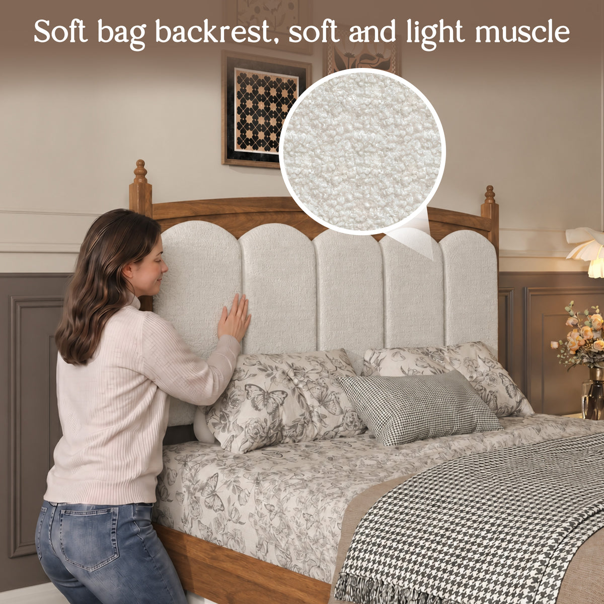 Brown Platform Bed Frame with Upholstered Headboard