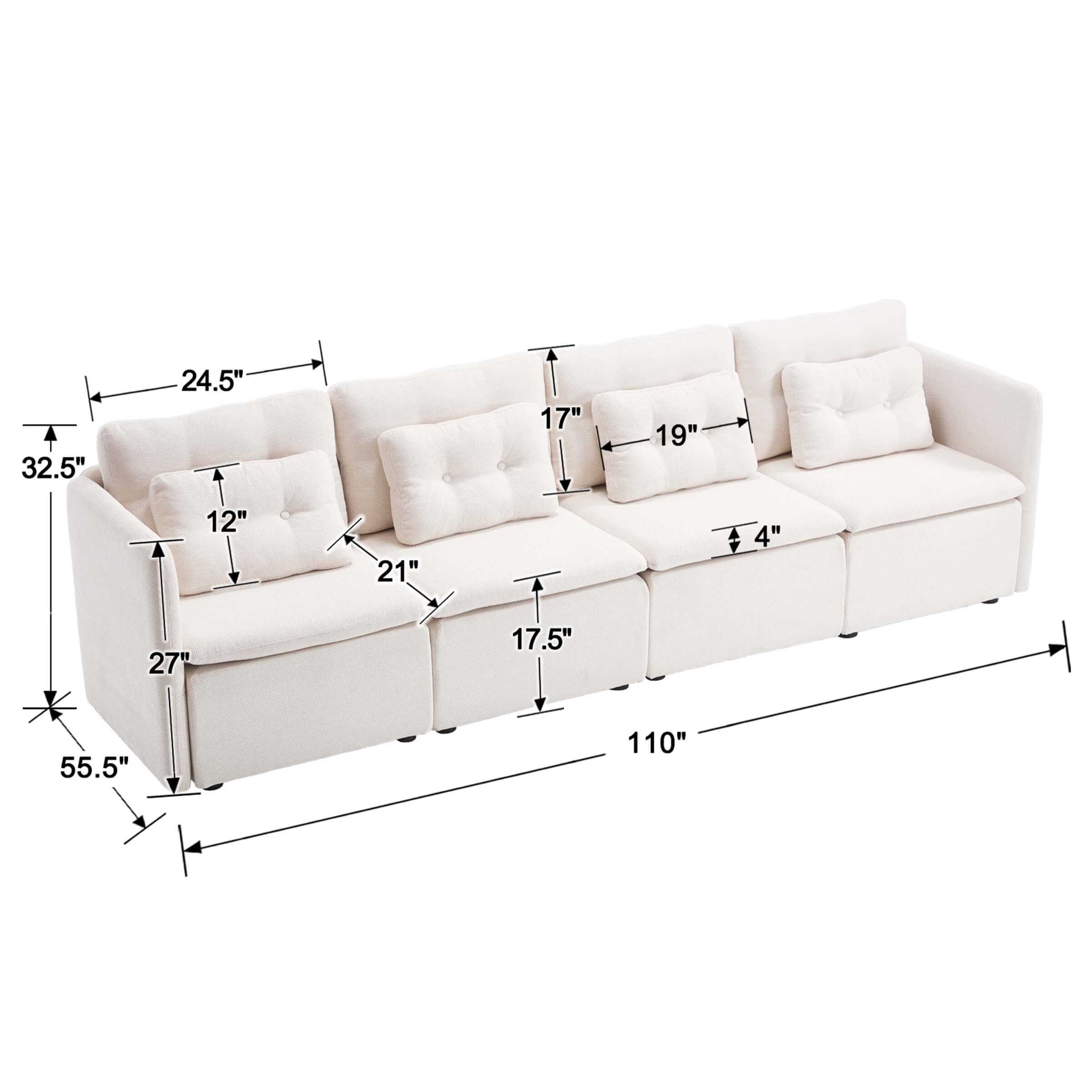 VESCASA Chenille 56.5" Modular Sectional Sofa with Waist Pillow - 90041SF