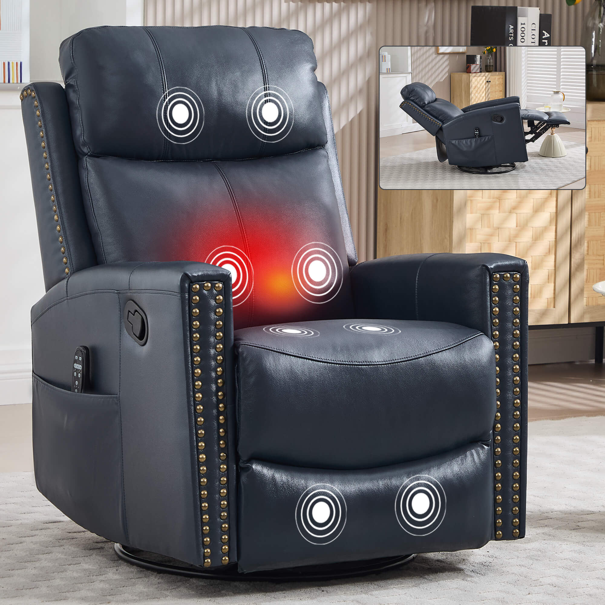 Genuine Leather Manual Swivel Rocker Massage Heat Recliner Chair
