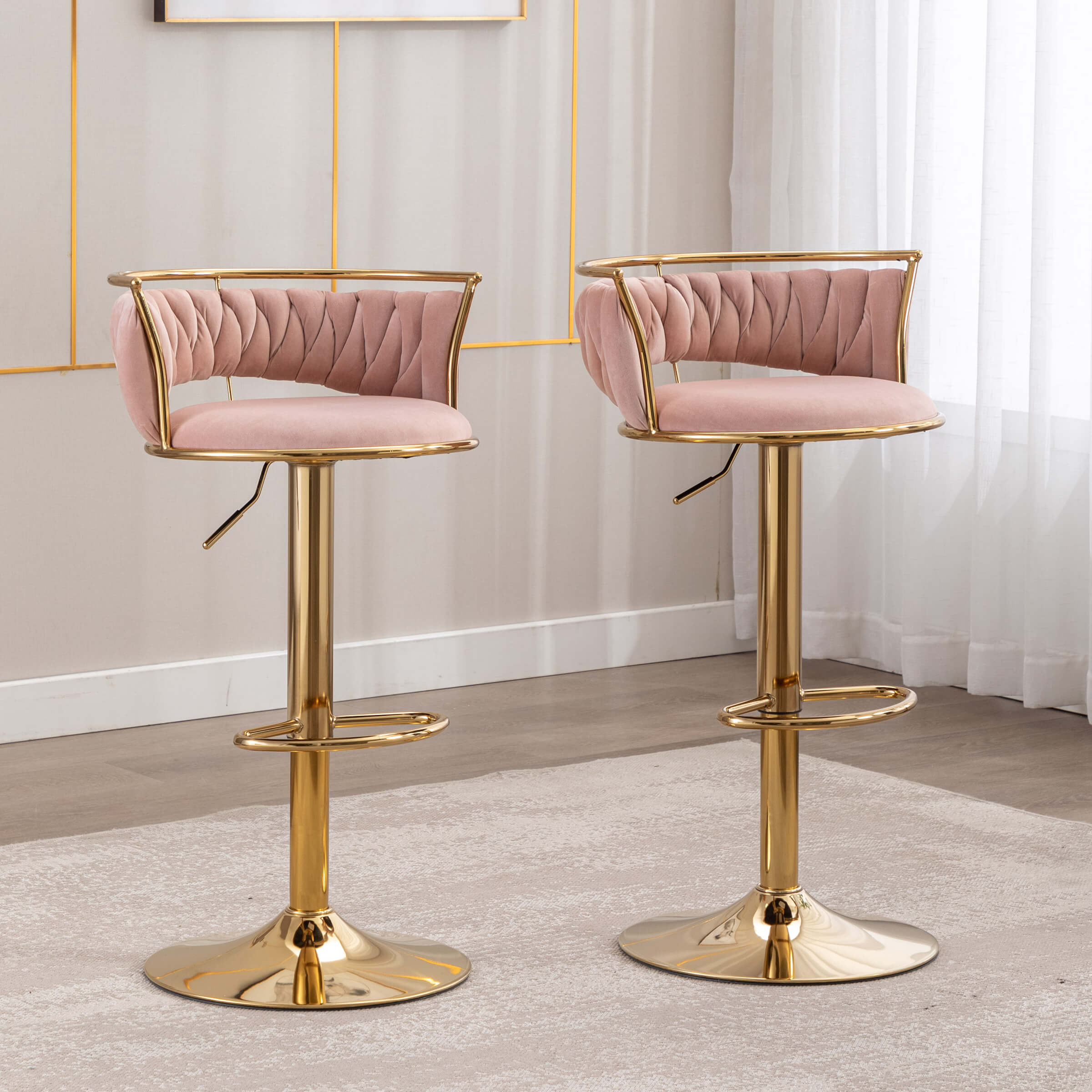 CHICAURA Swivel Adjustable Gold Woven Bar Stools Set of 2 - 6015AB