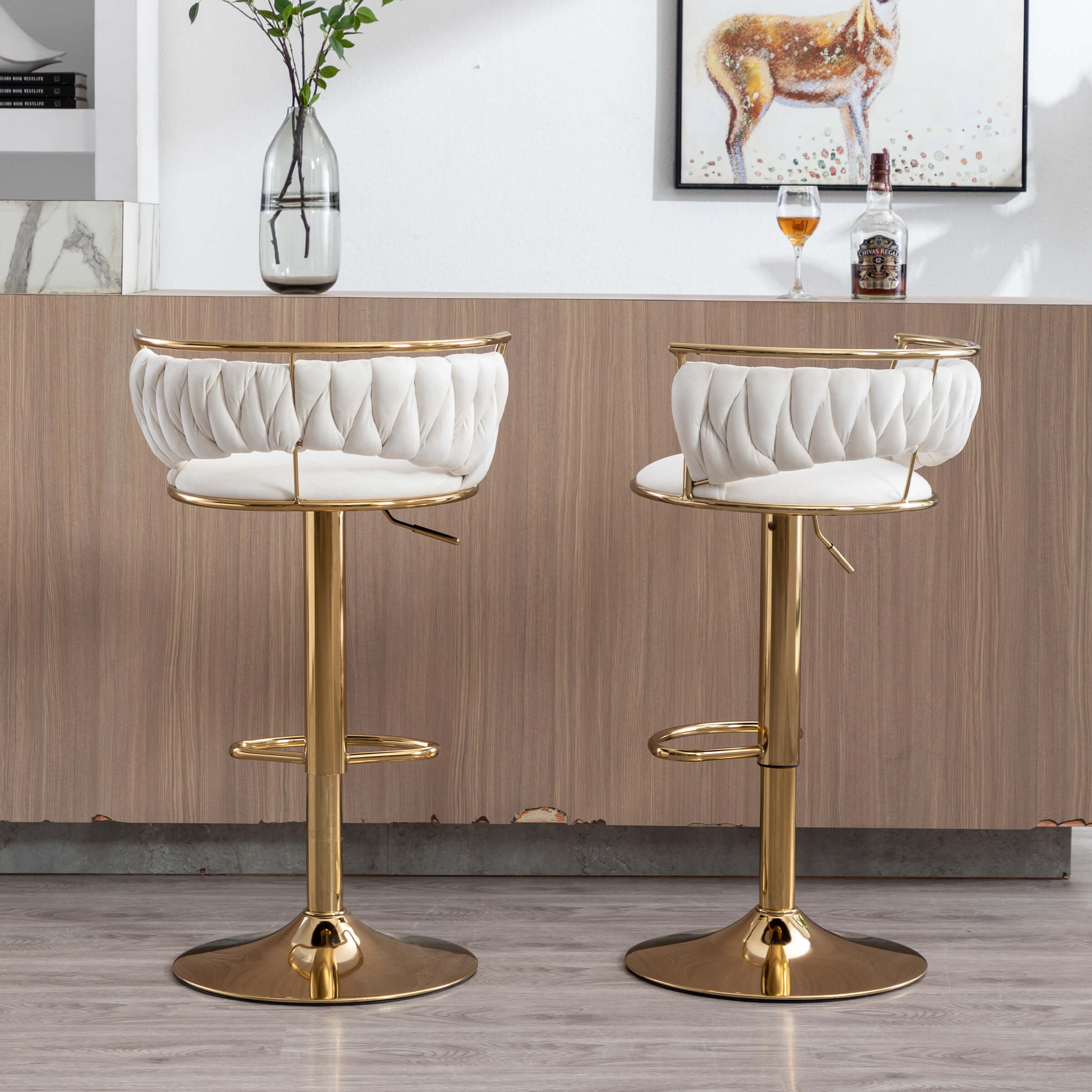 CHICAURA Swivel Adjustable Gold Woven Bar Stools Set of 2 - 6015AB