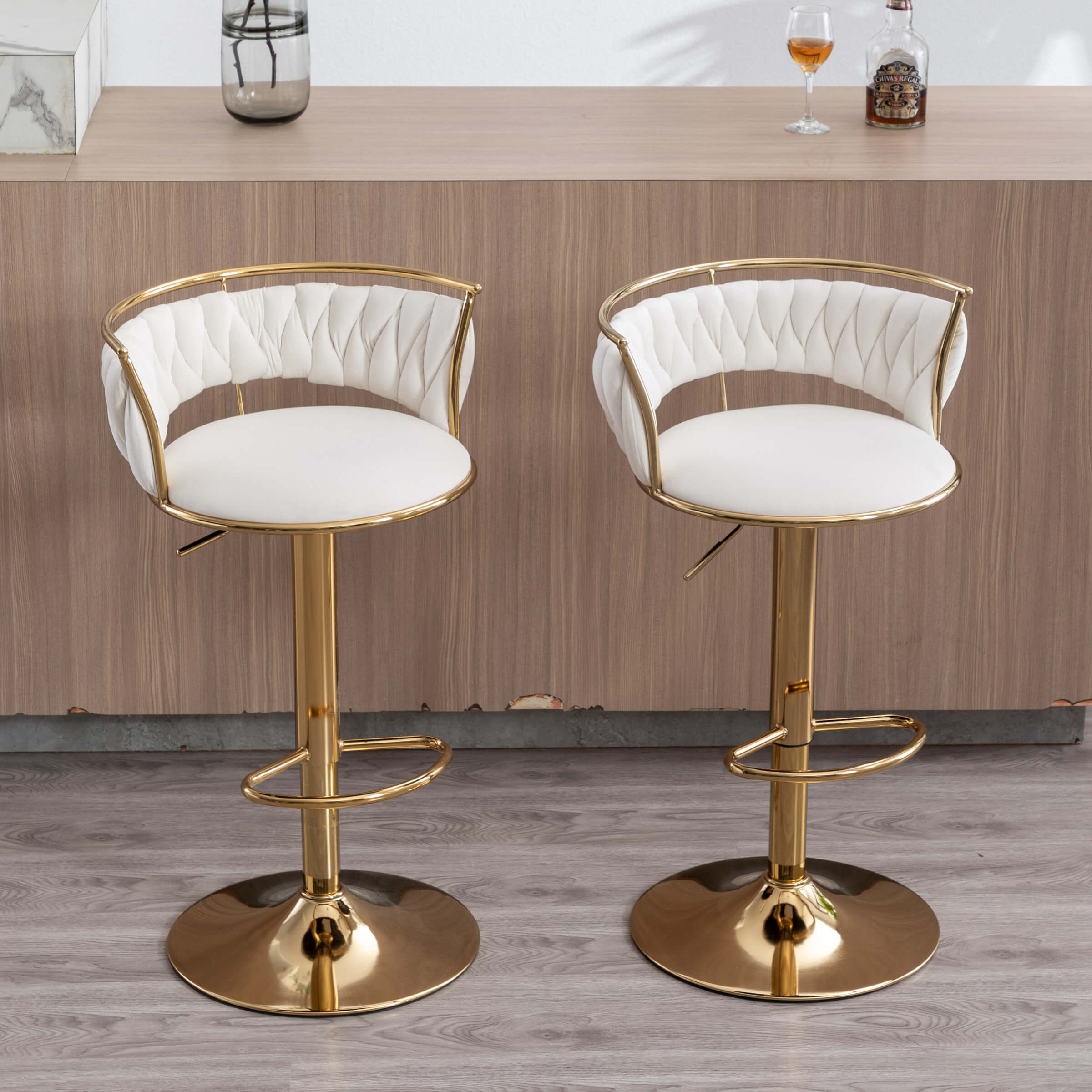 CHICAURA Swivel Adjustable Gold Woven Bar Stools Set of 2 - 6015AB