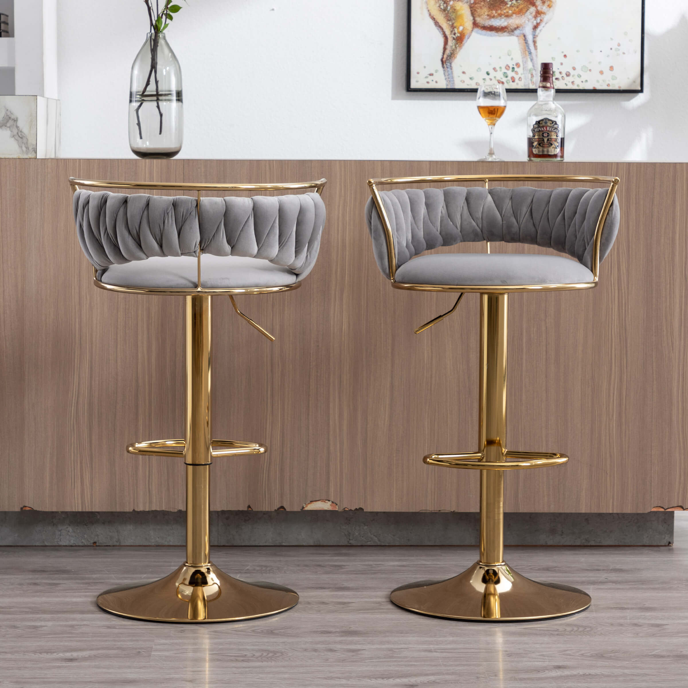 CHICAURA Swivel Adjustable Gold Woven Bar Stools Set of 2 - 6015AB