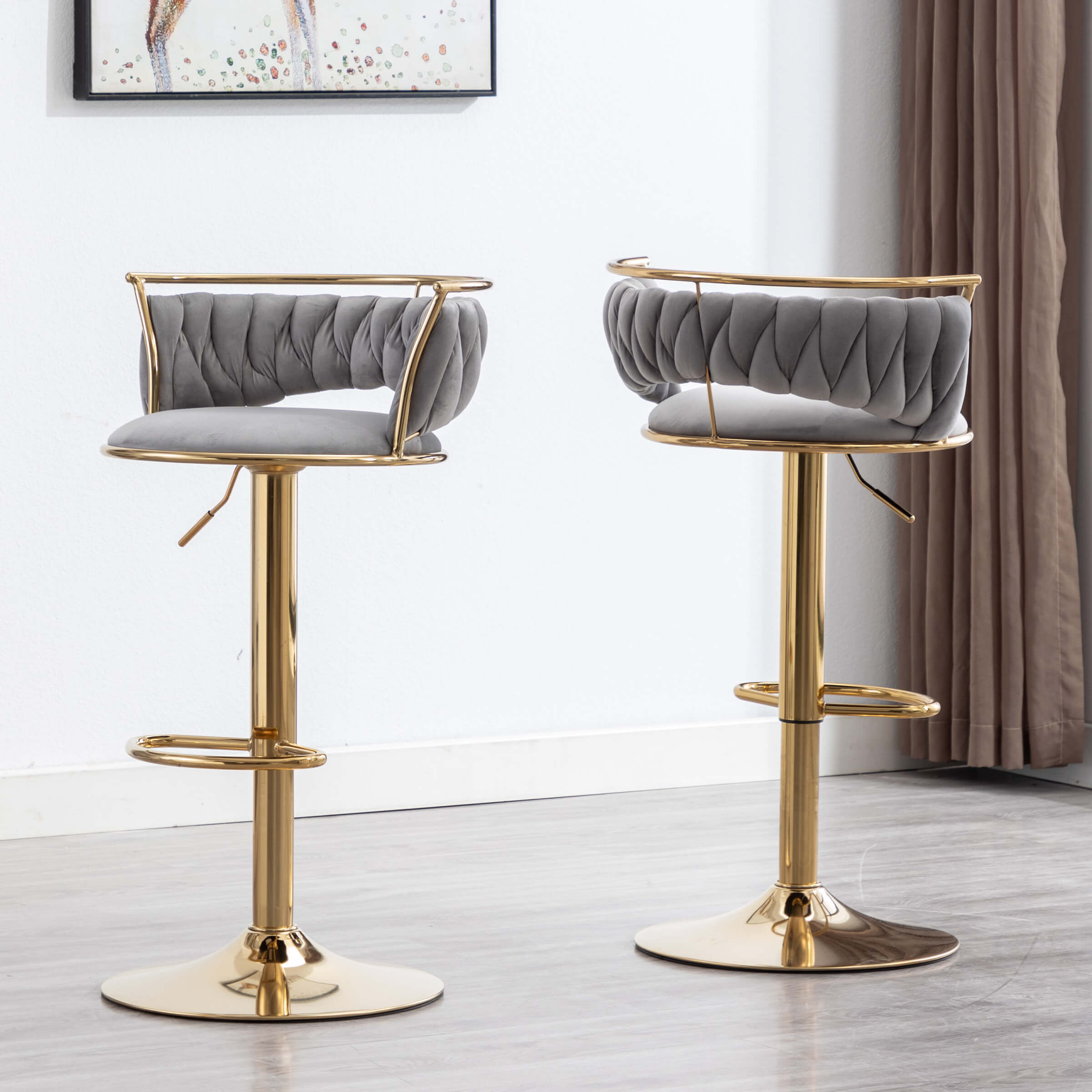 CHICAURA Swivel Adjustable Gold Woven Bar Stools Set of 2 - 6015AB