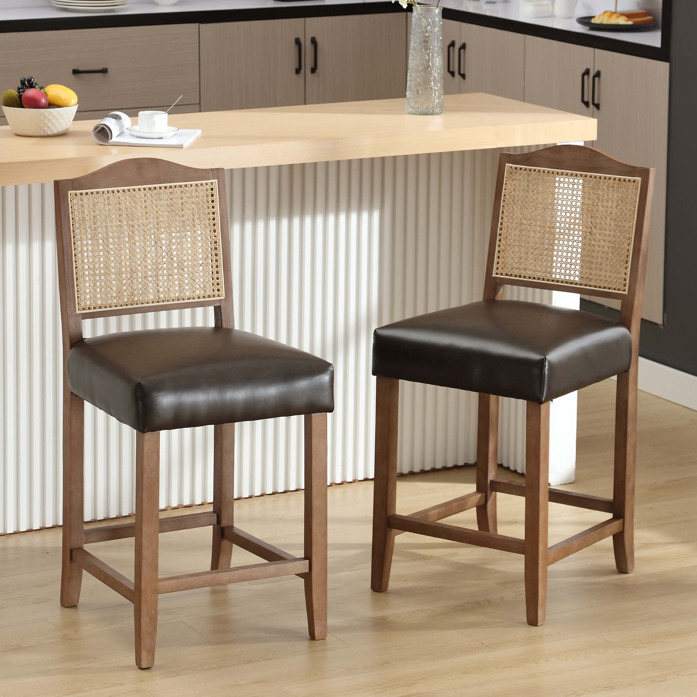 CIMOTA 26.5"H & 30.2"H Farmhouse Rattan Counter Stools Set of 2 - 5739
