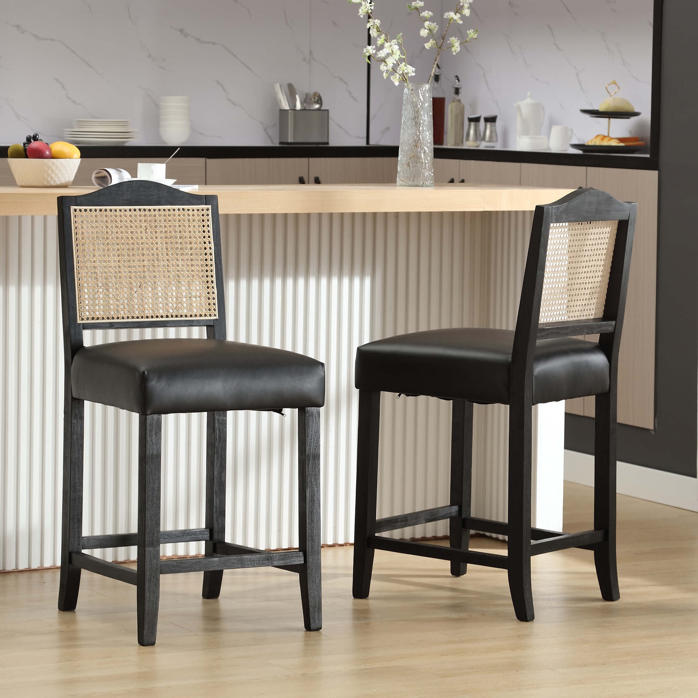 CIMOTA 26.5"H & 30.2"H Farmhouse Rattan Counter Stools Set of 2 - 5739