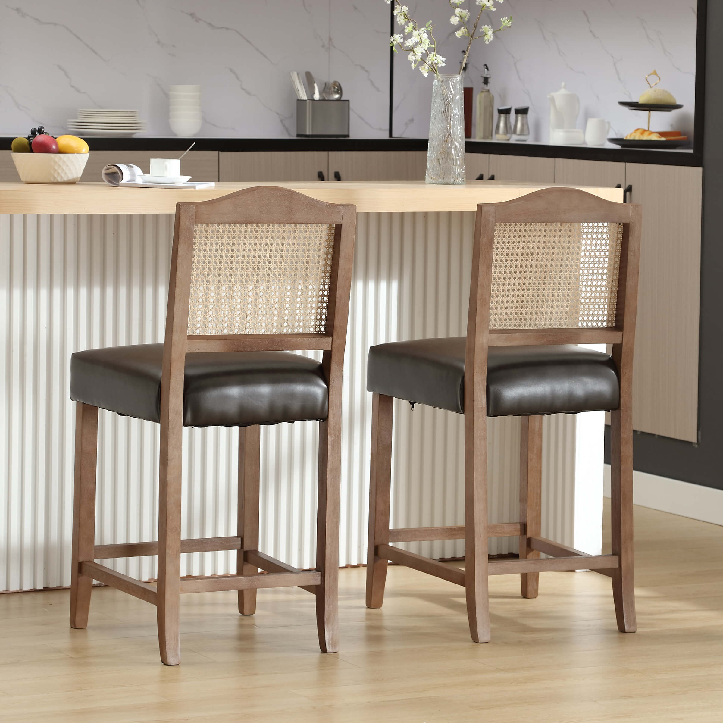 CIMOTA 26.5"H & 30.2"H Farmhouse Rattan Counter Stools Set of 2 - 5739