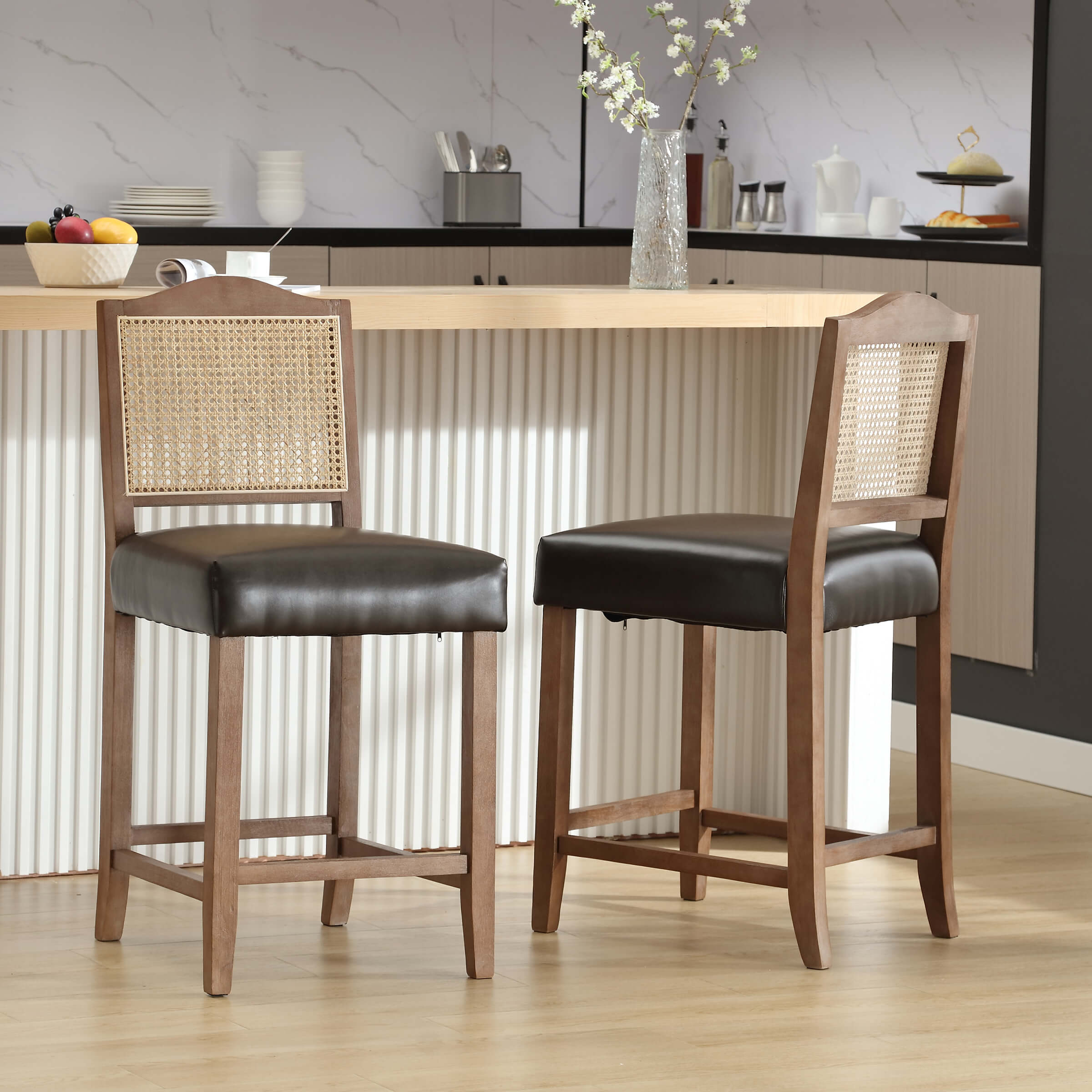 CIMOTA 26.5"H & 30.2"H Farmhouse Rattan Counter Stools Set of 2 - 5739