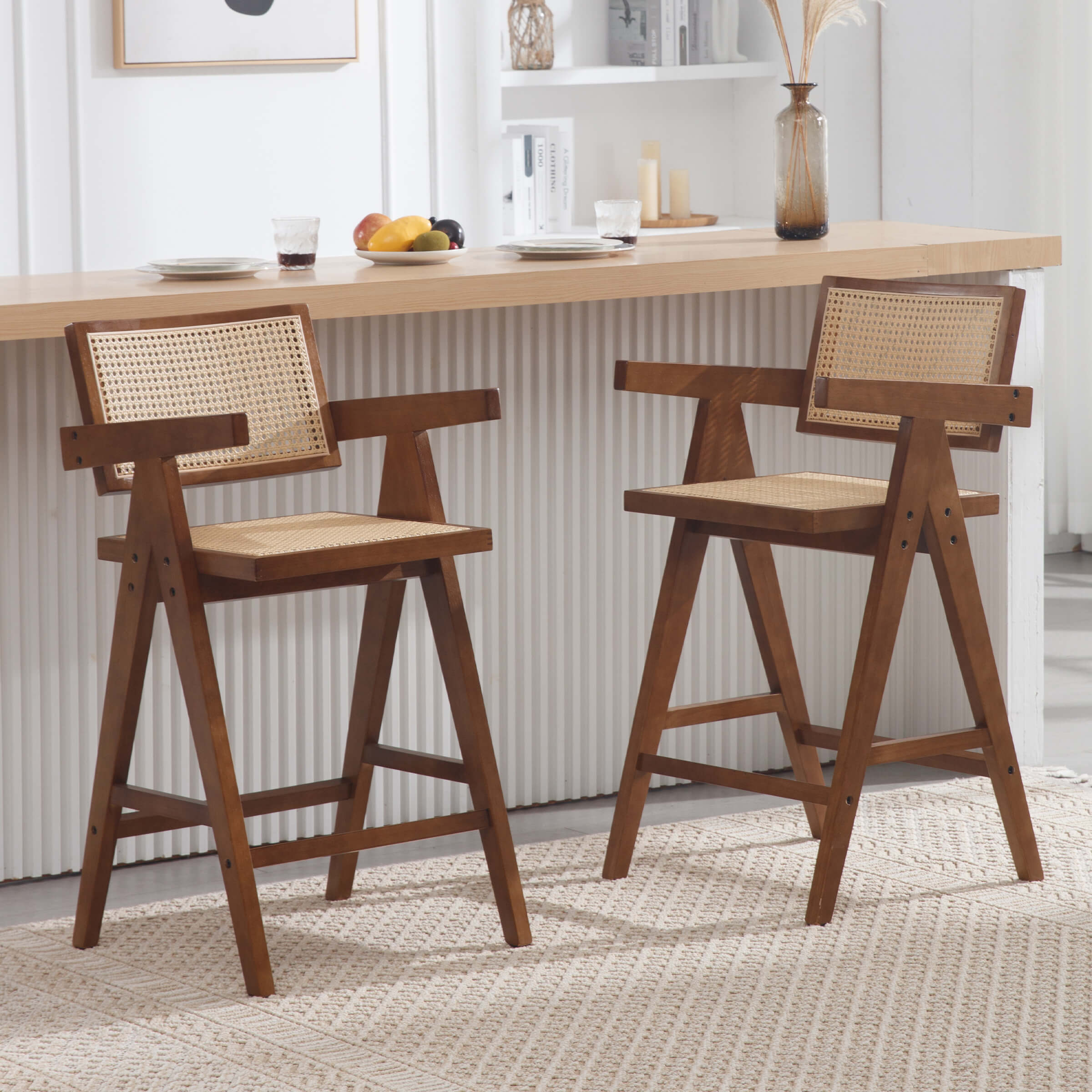 VESCASA Wooden Woven Back Counter Stools Set of 2 - 5805CS