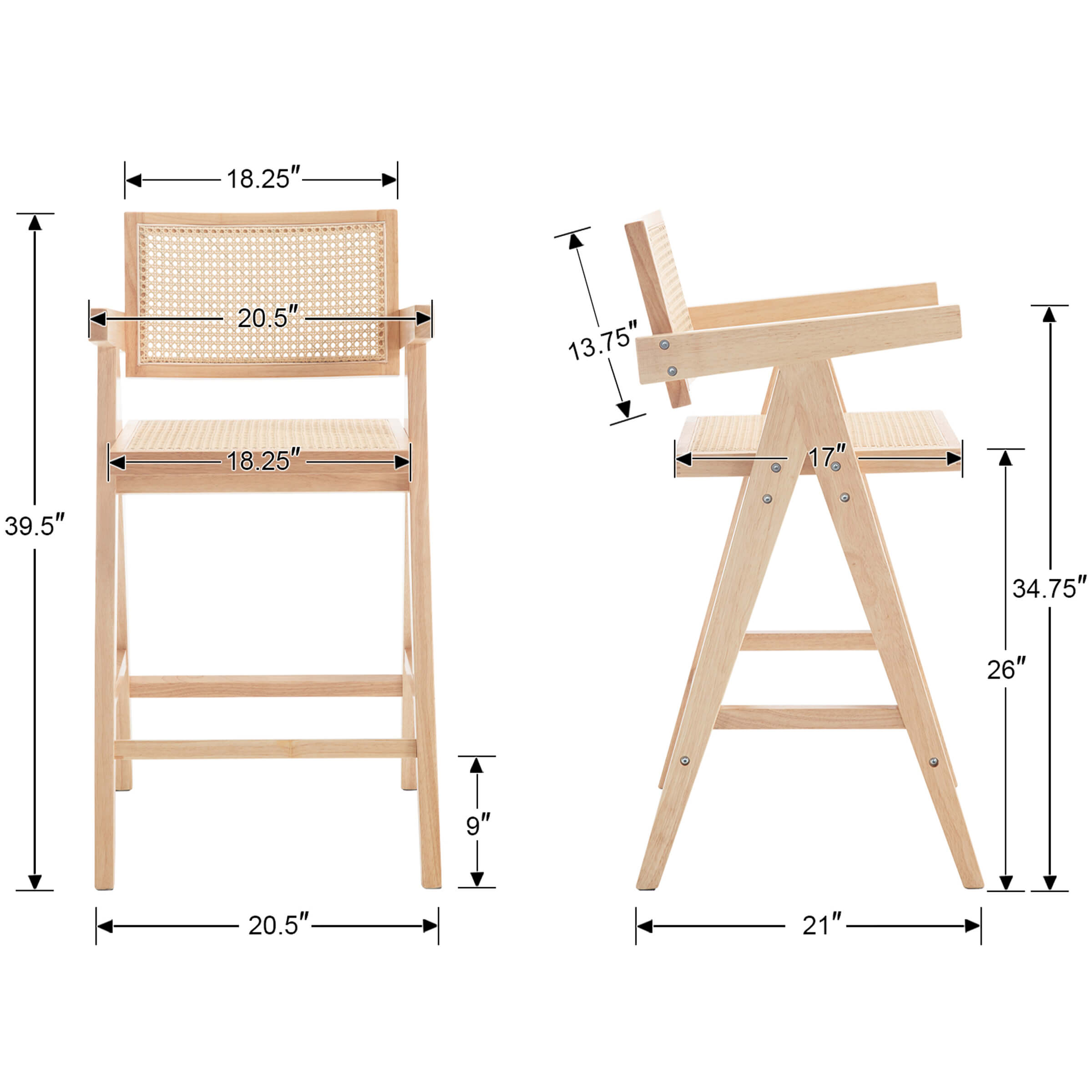 VESCASA Wooden Woven Back Counter Stools Set of 2 - 5805CS