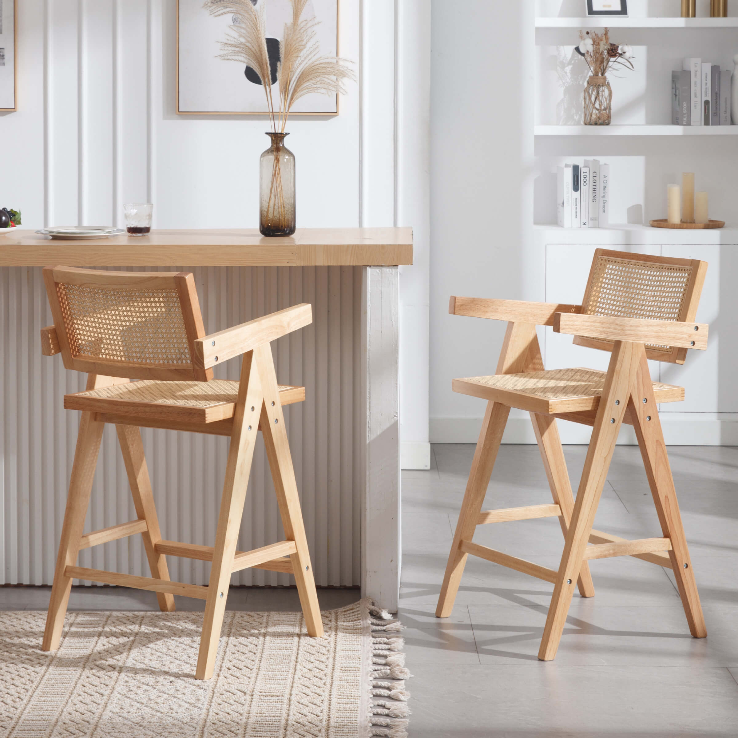 VESCASA Wooden Woven Back Counter Stools Set of 2 - 5805CS