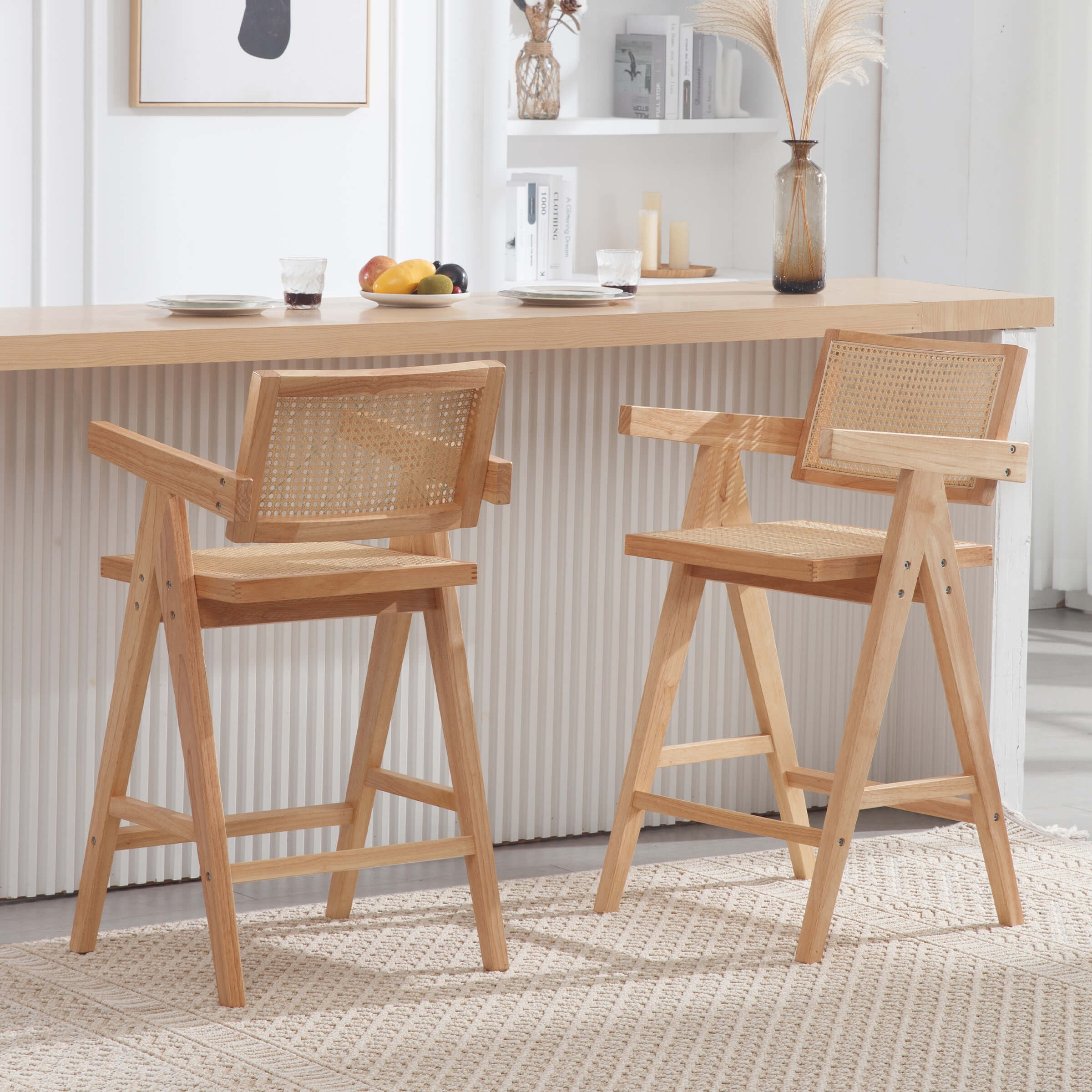 VESCASA Wooden Woven Back Counter Stools Set of 2 - 5805CS