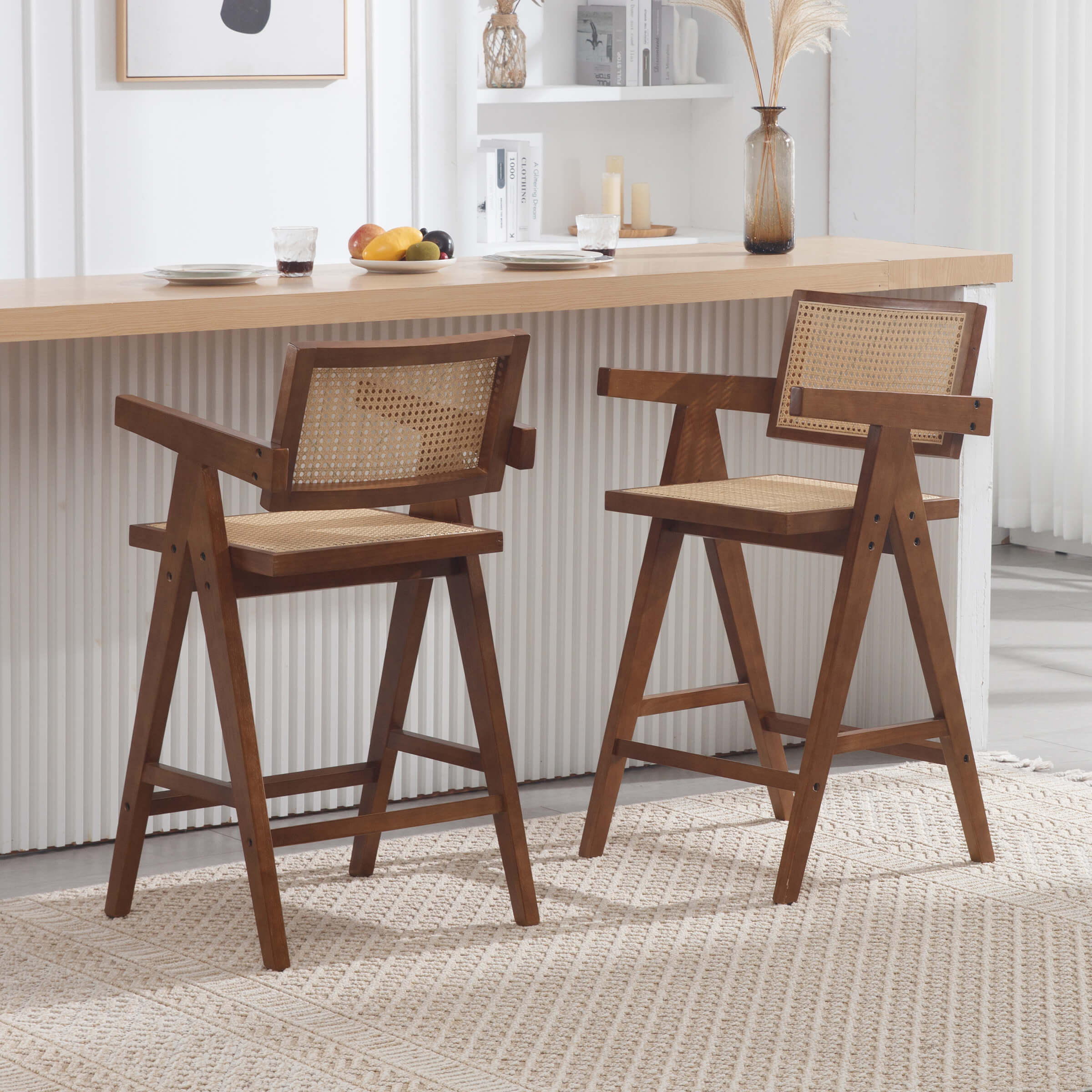 VESCASA Wooden Woven Back Counter Stools Set of 2 - 5805CS