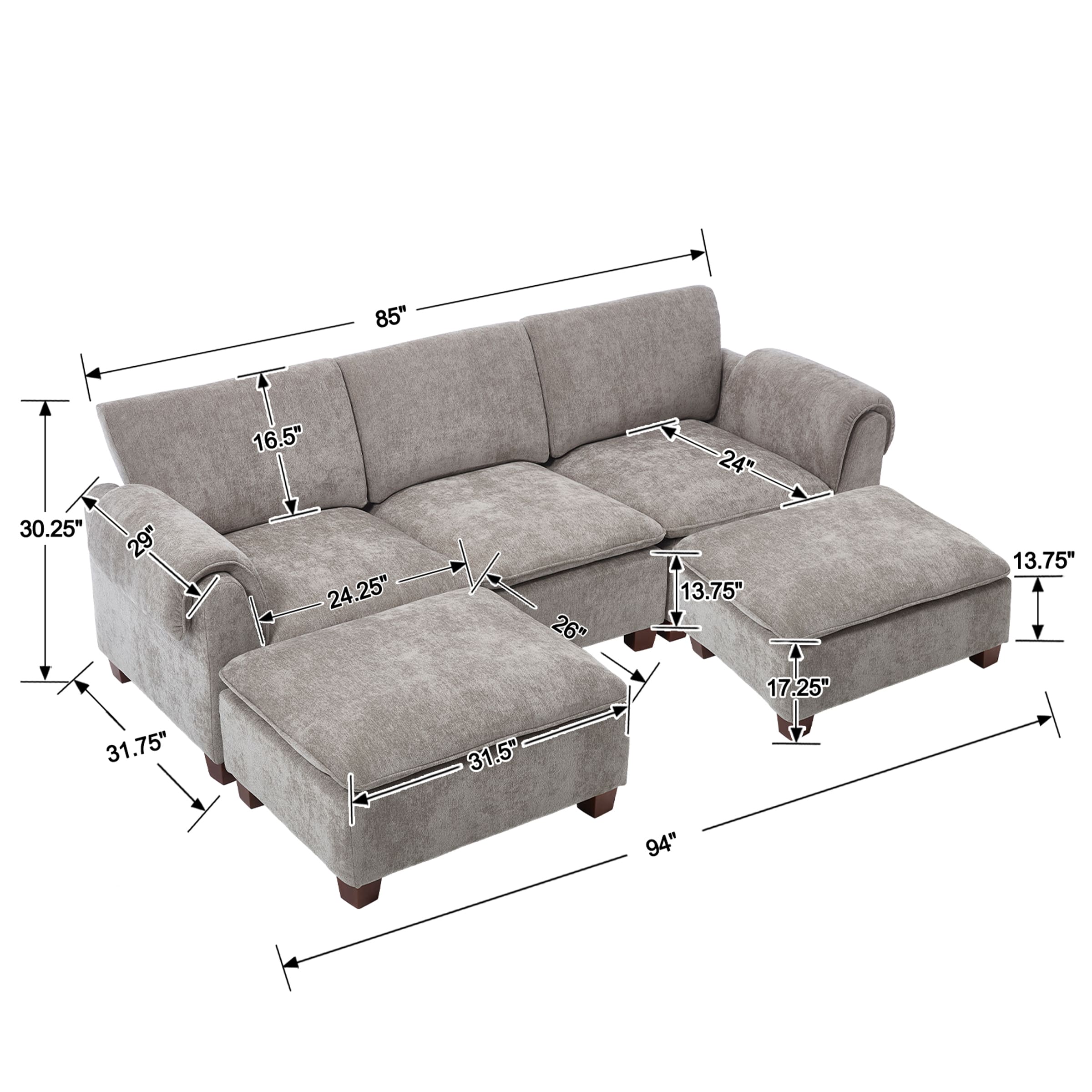 VESCASA Modern Armrest Chenille Sectional Sofa - 1017SF