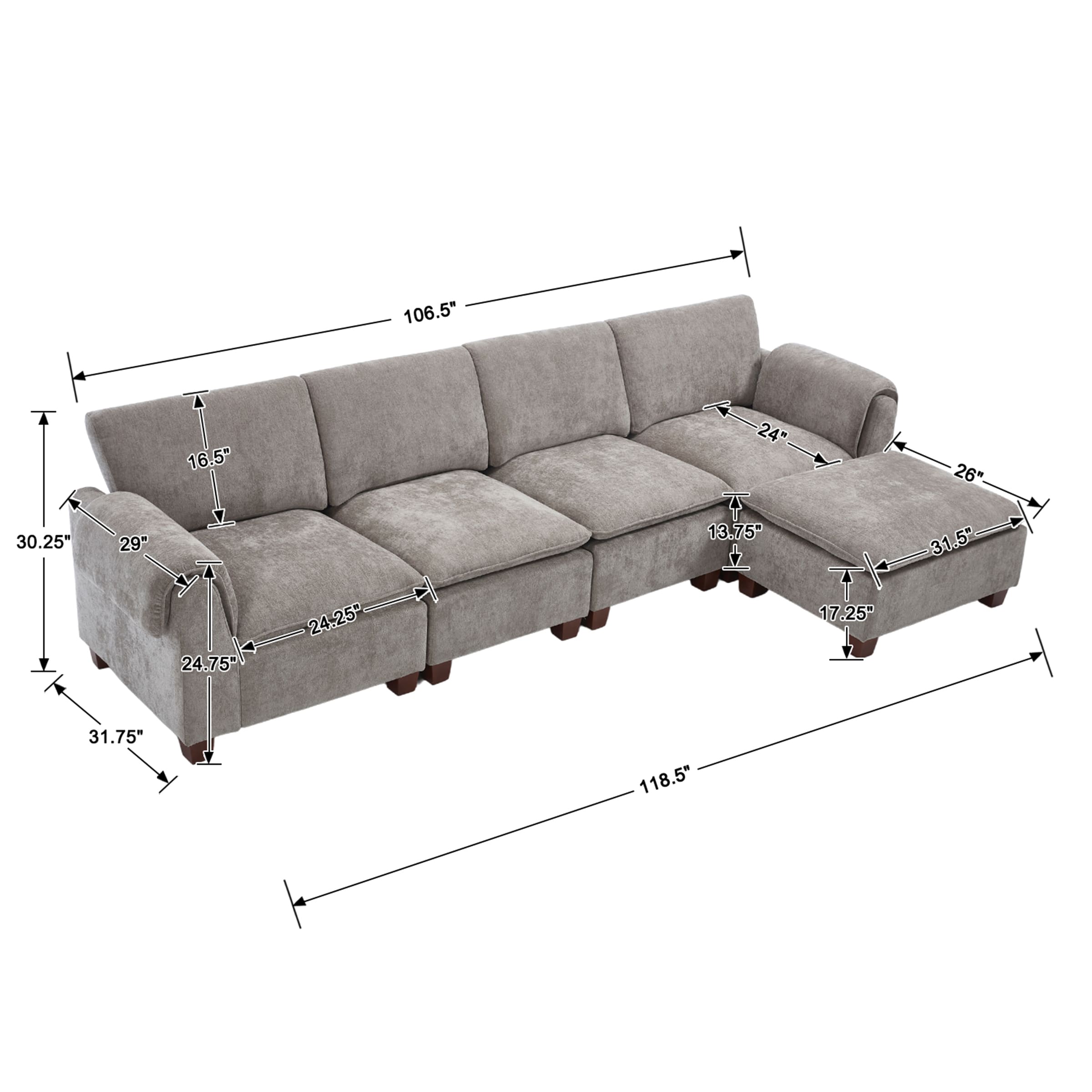 VESCASA Modern Armrest Chenille Sectional Sofa - 1017SF