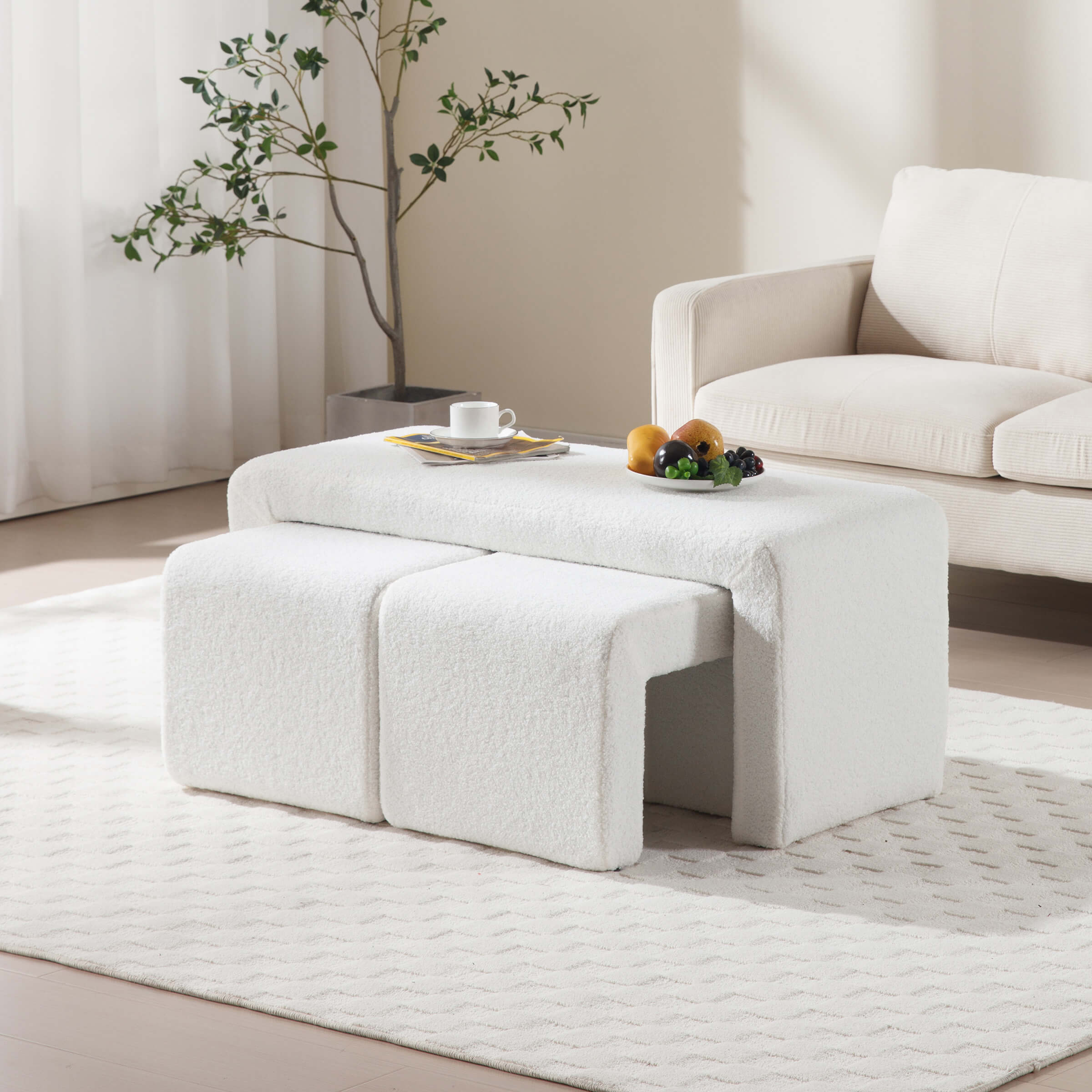 ROCITY Modern Boucle Bench White Sherpa Ottoman Bench Set of 3 - 1819