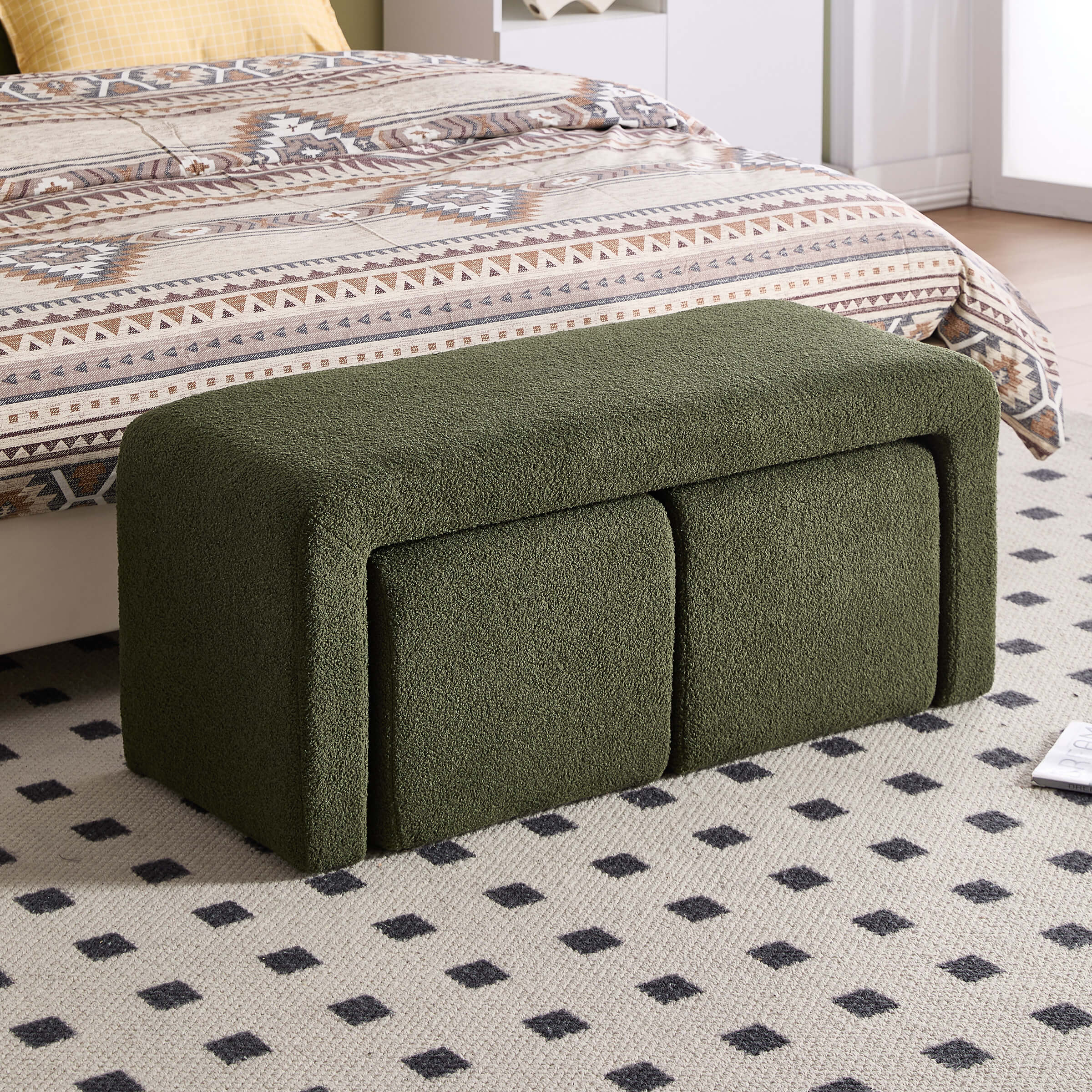 ROCITY Modern Boucle Bench White Sherpa Ottoman Bench Set of 3 - 1819