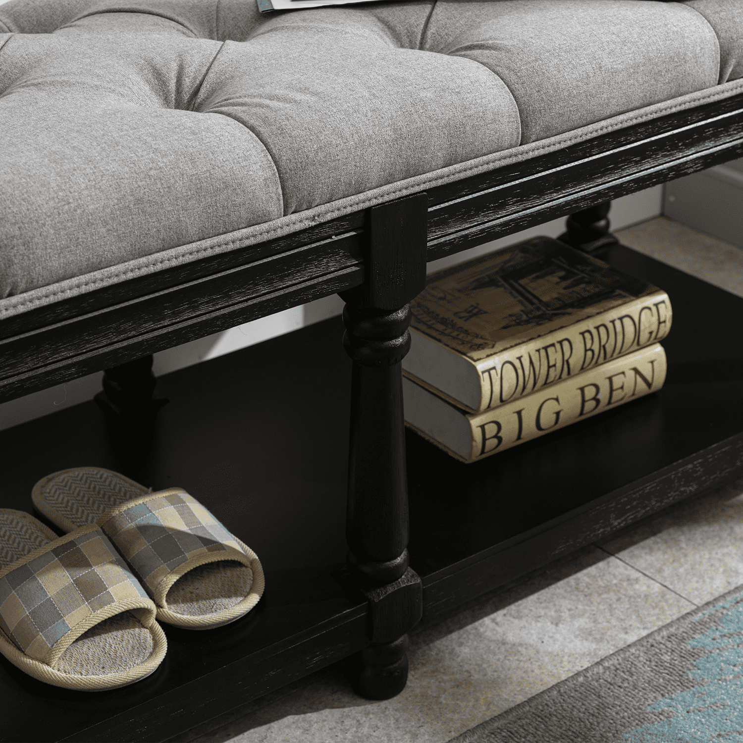 Mid Century Tufted Linen Upholstered Storage Bench - 2204BH