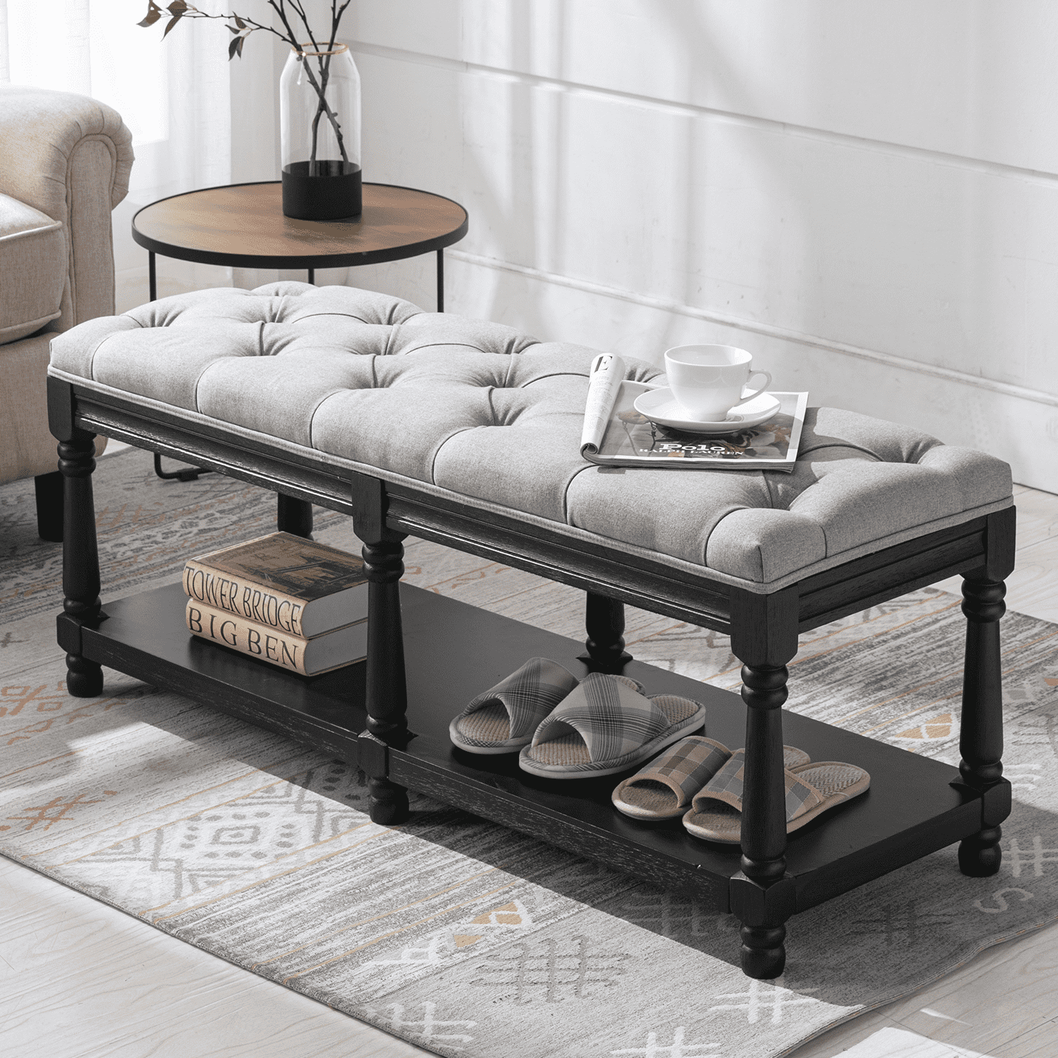 Mid Century Tufted Linen Upholstered Storage Bench - 2204BH
