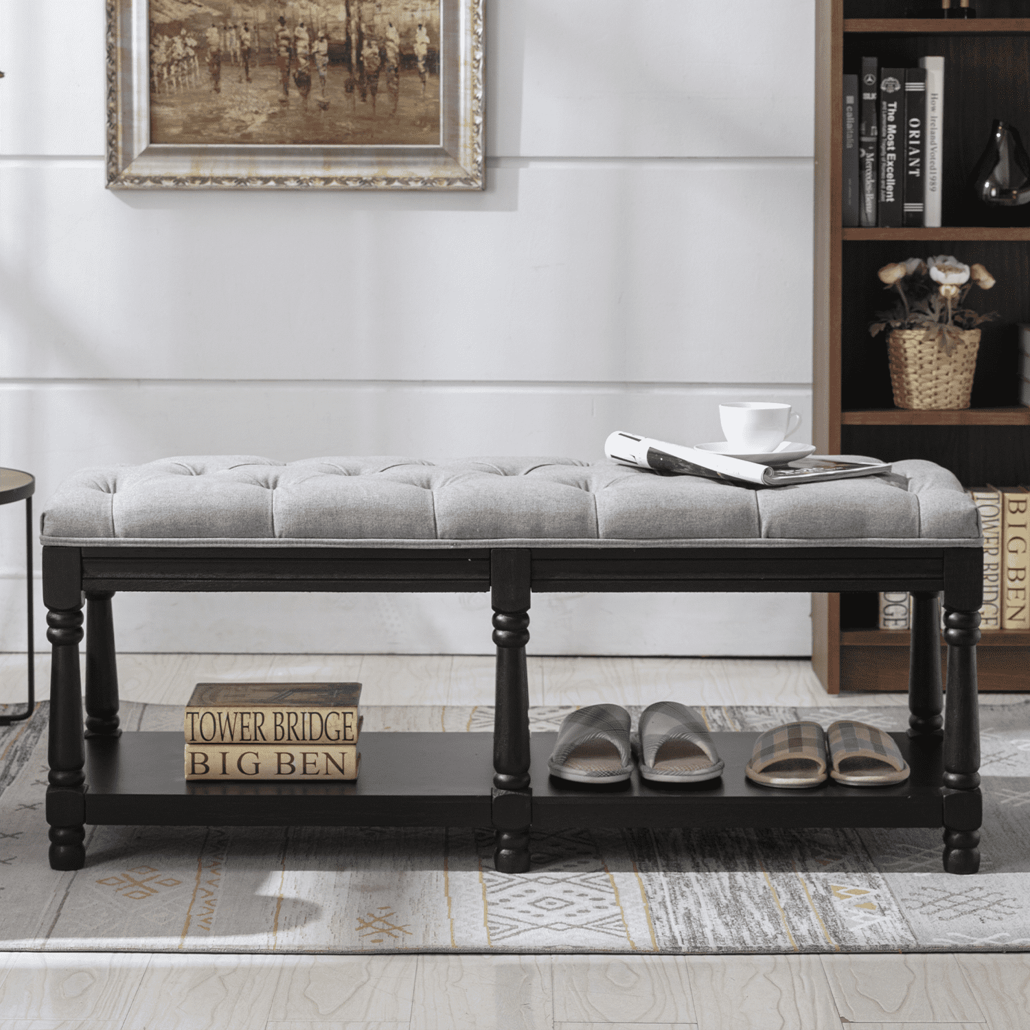 Mid Century Tufted Linen Upholstered Storage Bench - 2204BH